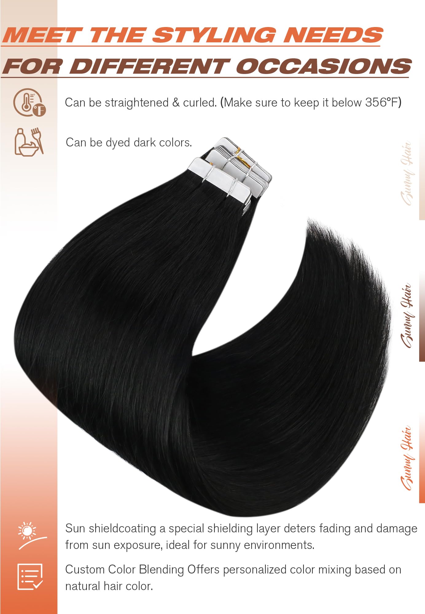 Foto 4 | Extensiones De Cabello Sunny Hair Tape En Cabello Humano, Color Negro, 22 Cm - Venta Internacional.