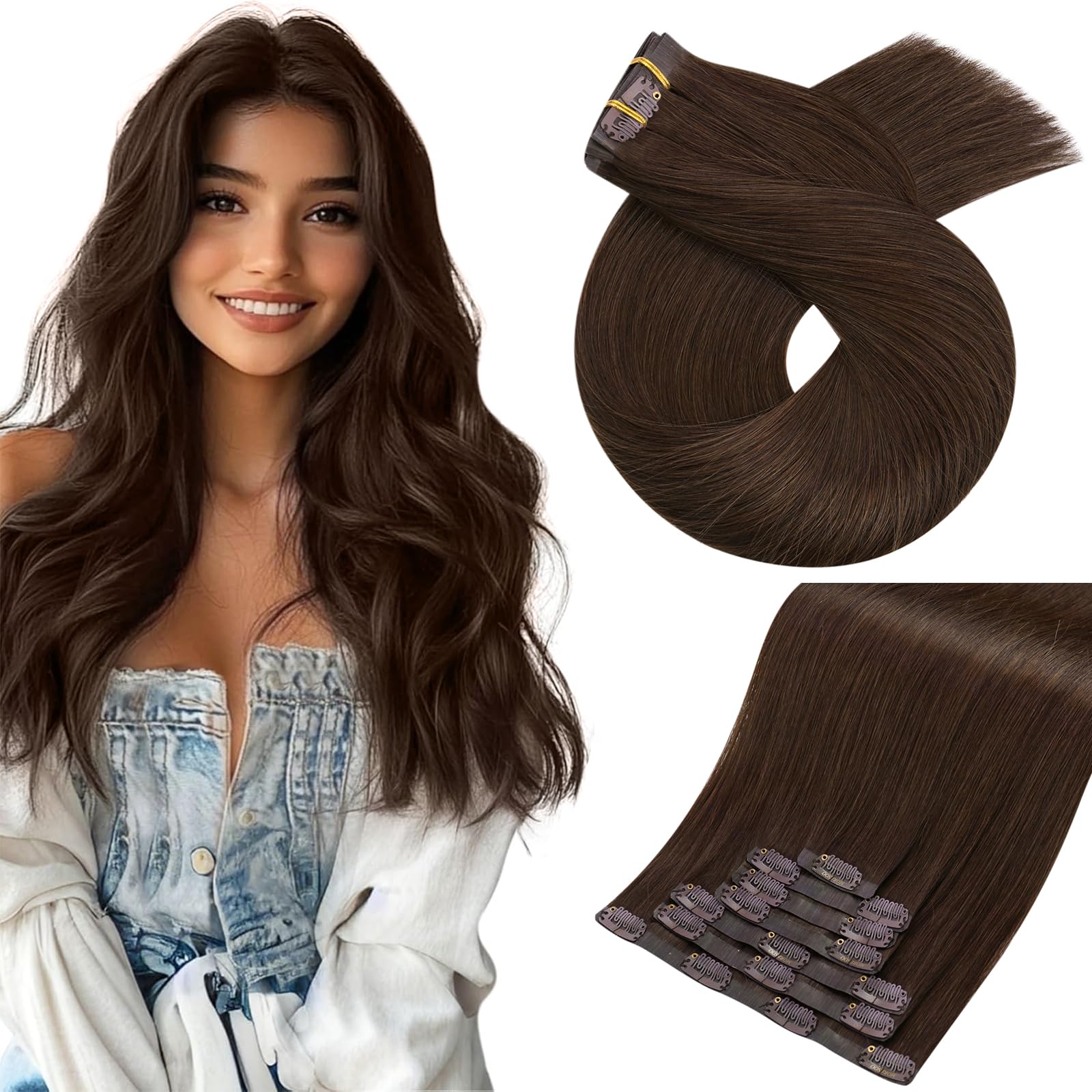 Foto 2 pulgar | Extensiones De Cabello Humano Marrón Oscuro Moresoo Con Clip, 120 G - Venta Internacional.