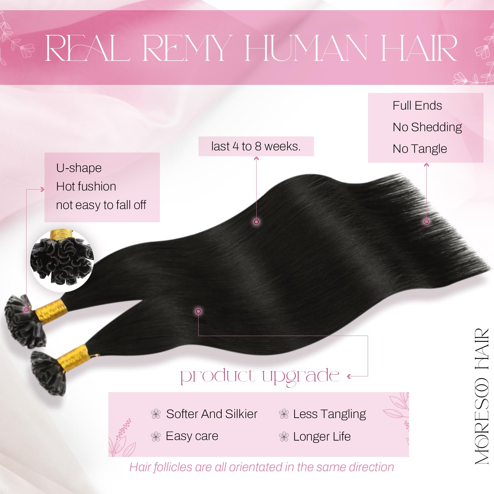 Foto 3 pulgar | Extensiones De Cabello Humano Moresoo Con Punta En U, 40 Cm, 50 G, Negro Natural - Venta Internacional.