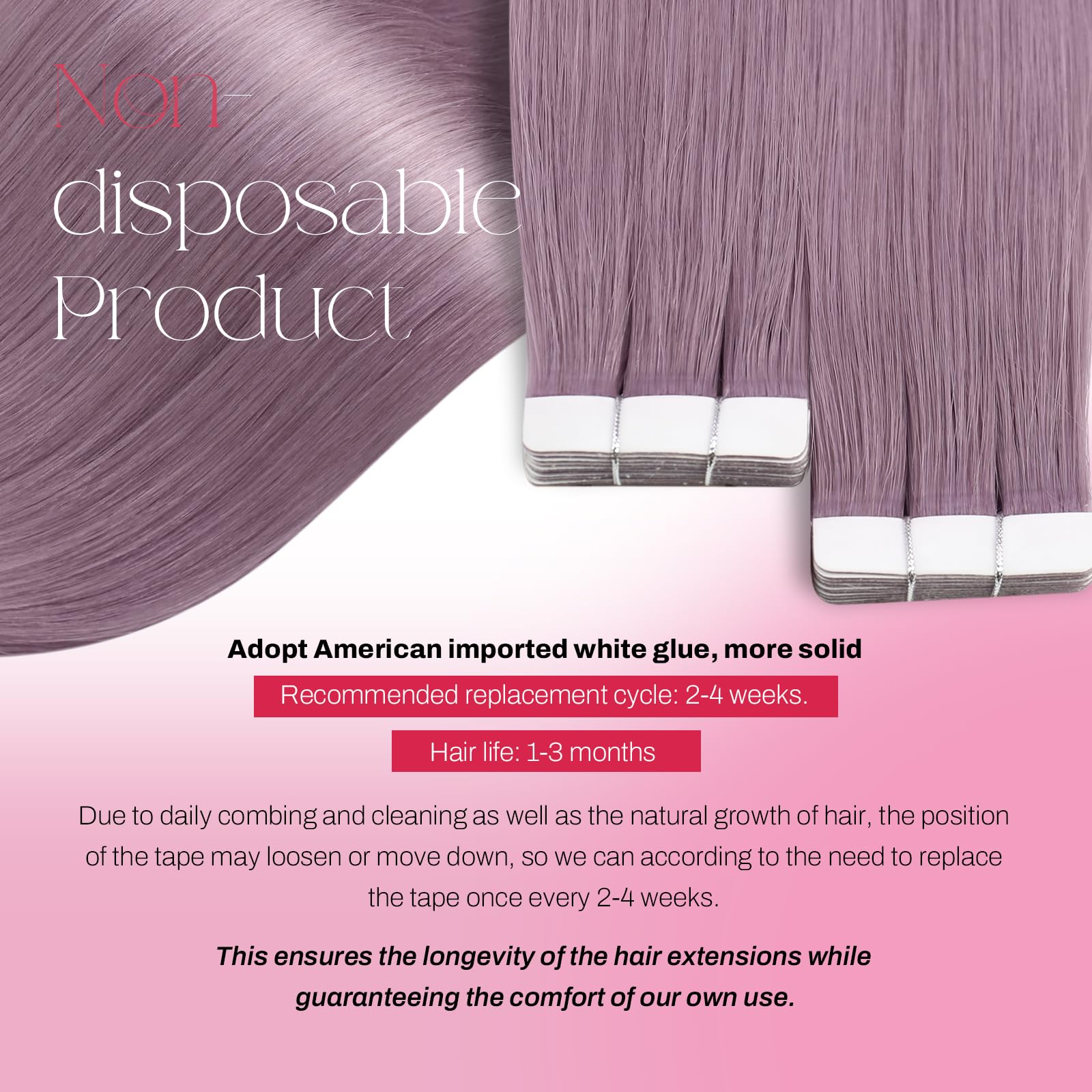 Foto 3 | Extensiones de Pelo Moresoo Púrpura con Cinta Adhesiva 55 cm 10 Unidades/25 g Remy Hair - Venta Internacional