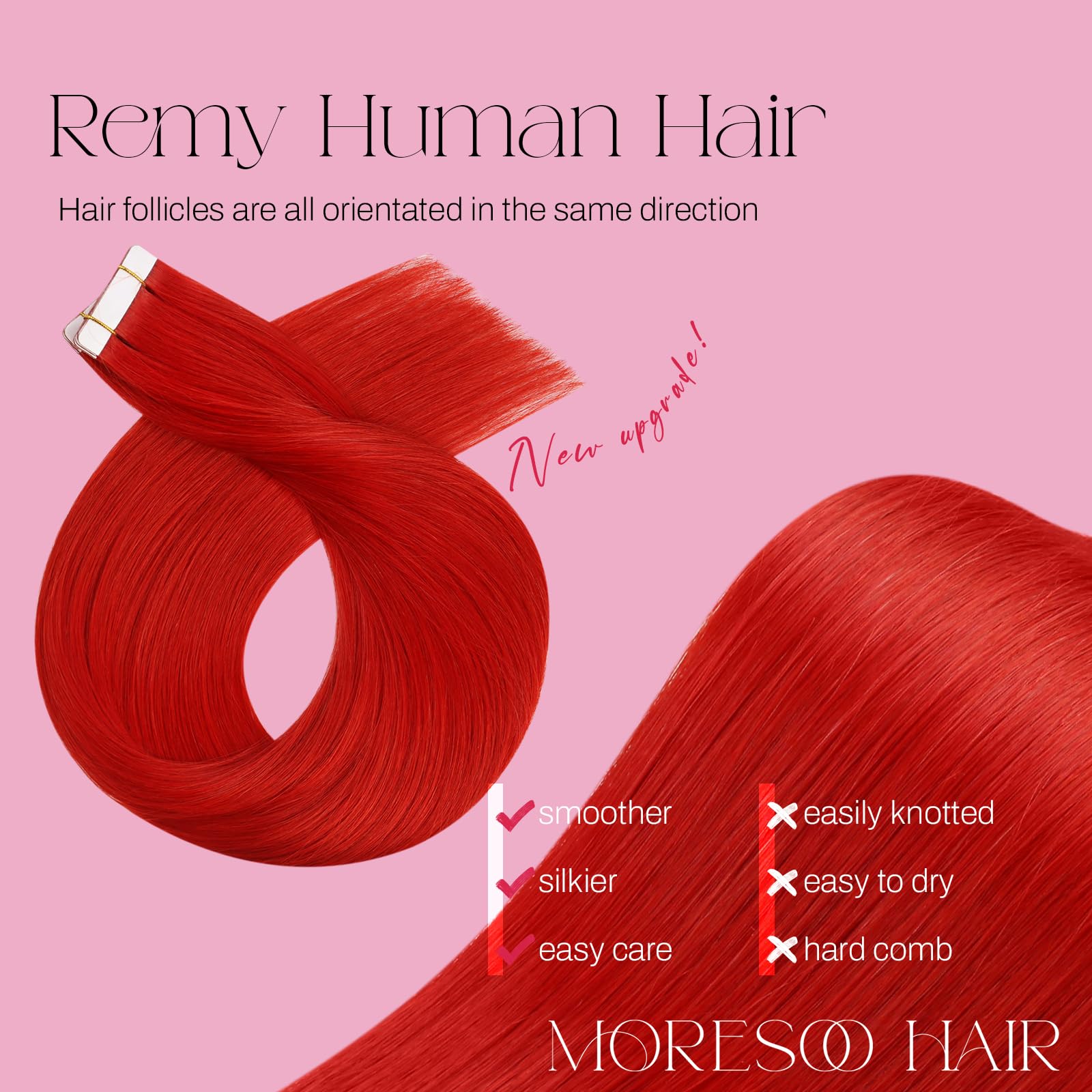 Foto 3 pulgar | Extensiones de Cabello Humano Rojo Moresoo con Cinta Adhesiva 55 cm 10 Unidades/25 g - Venta Internacional