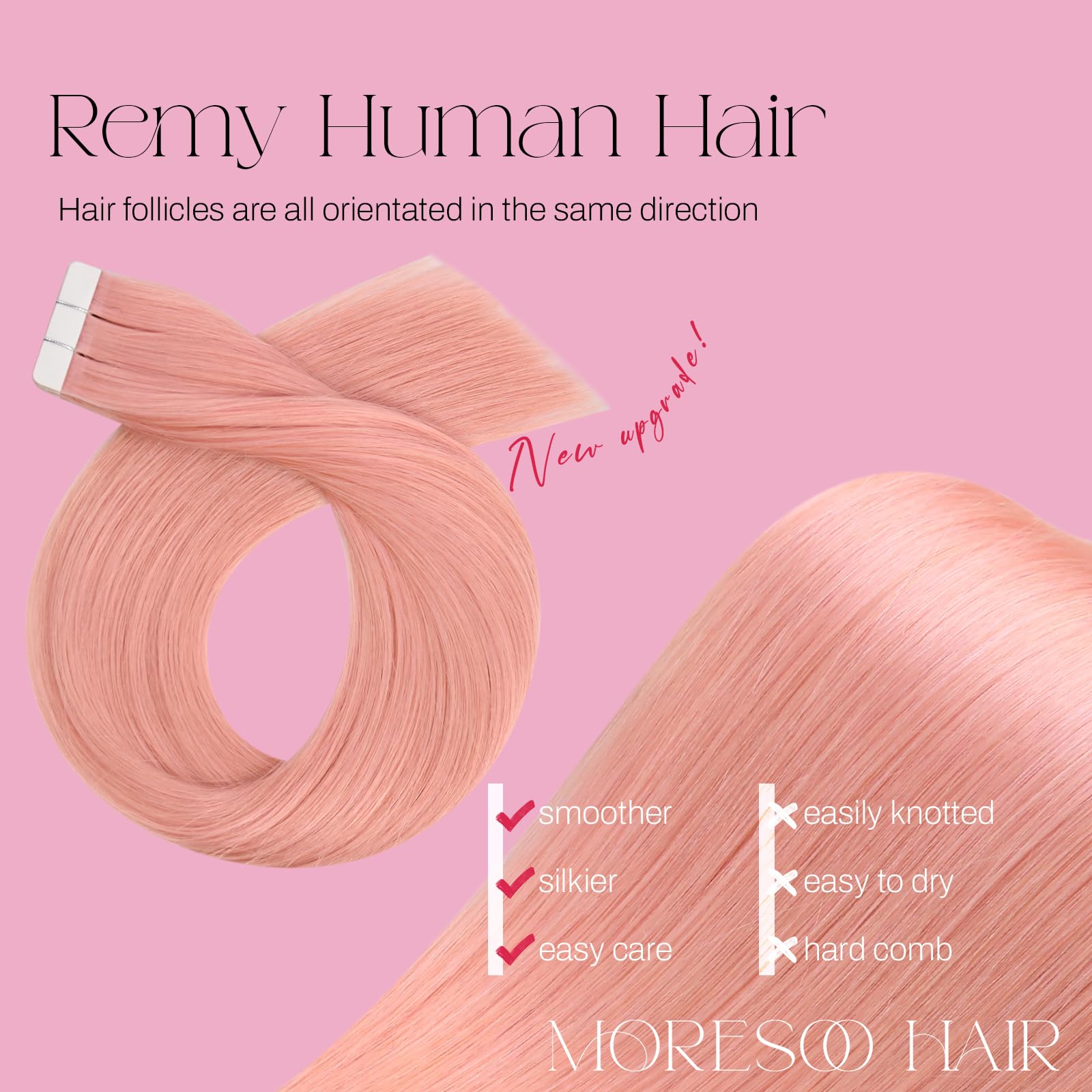 Foto 2 | Extensiones De Cabello Humano Rosa Moresoo Con Cinta Adhesiva, 40 Cm, 10 Unidades/25 G - Venta Internacional.