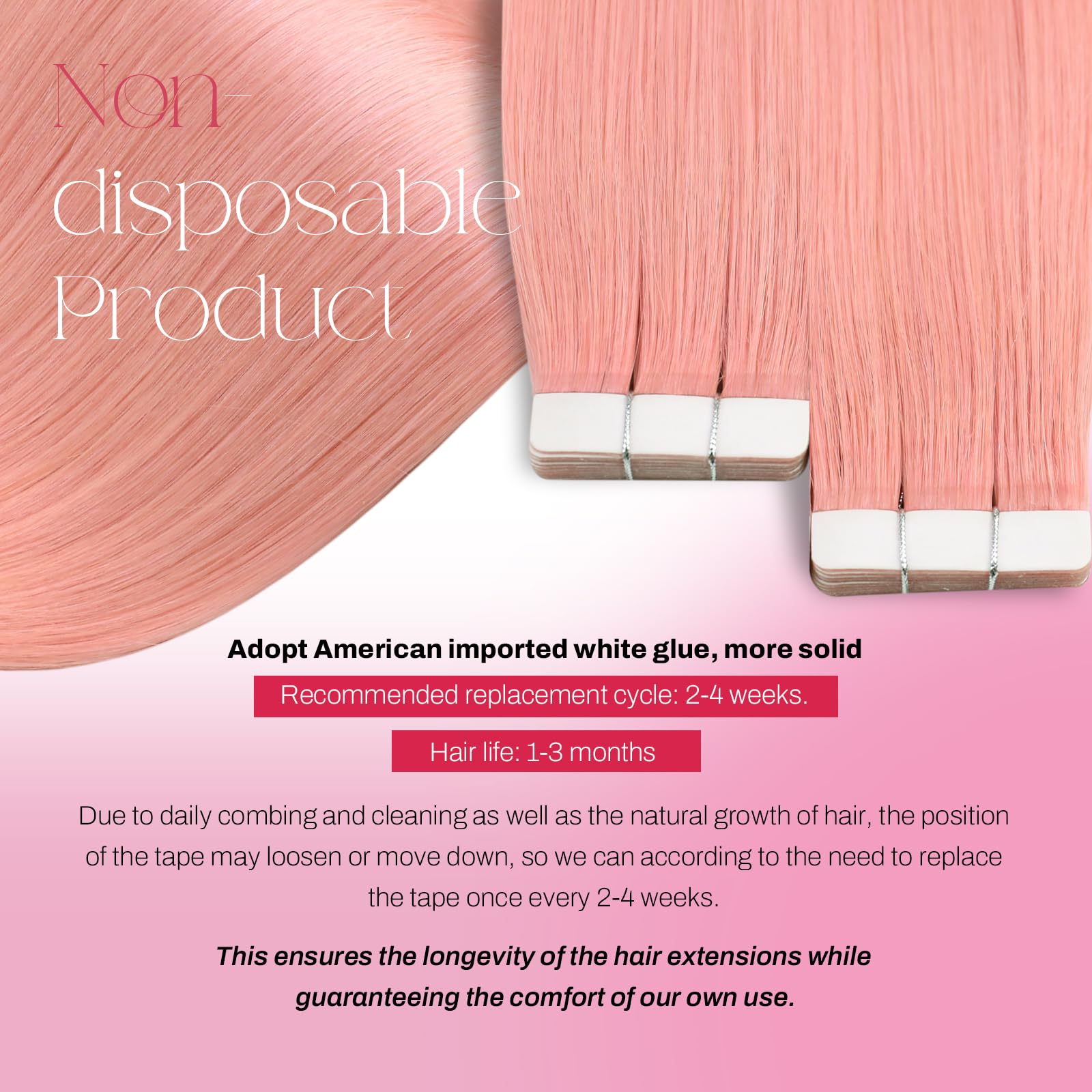 Foto 3 | Extensiones De Cabello Humano Rosa Moresoo Con Cinta Adhesiva, 40 Cm, 10 Unidades/25 G - Venta Internacional.