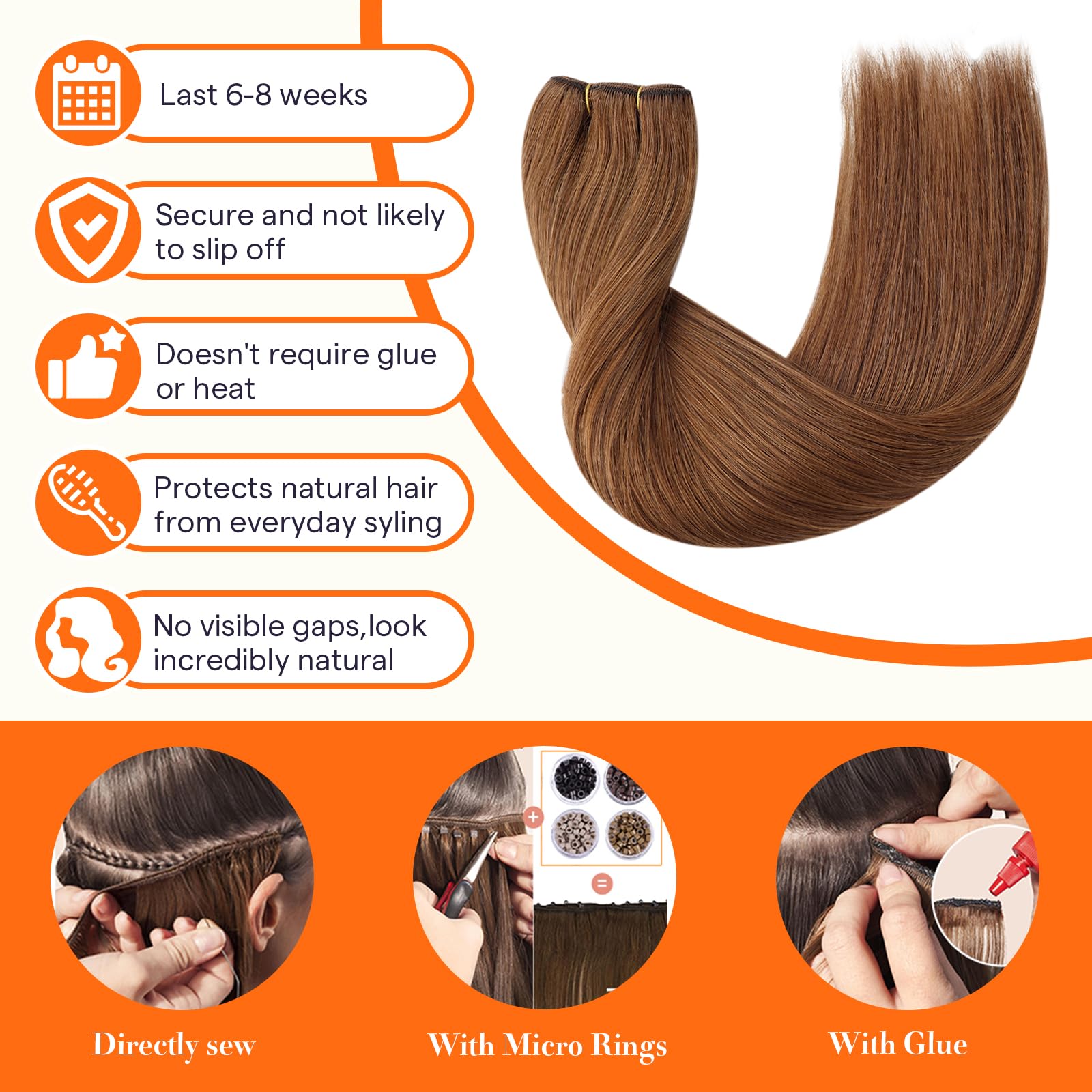 Foto 5 pulgar | Extensiones De Cabello Humano Marrón Cobrizo, Brillo Completo, 40 Cm - Venta Internacional.