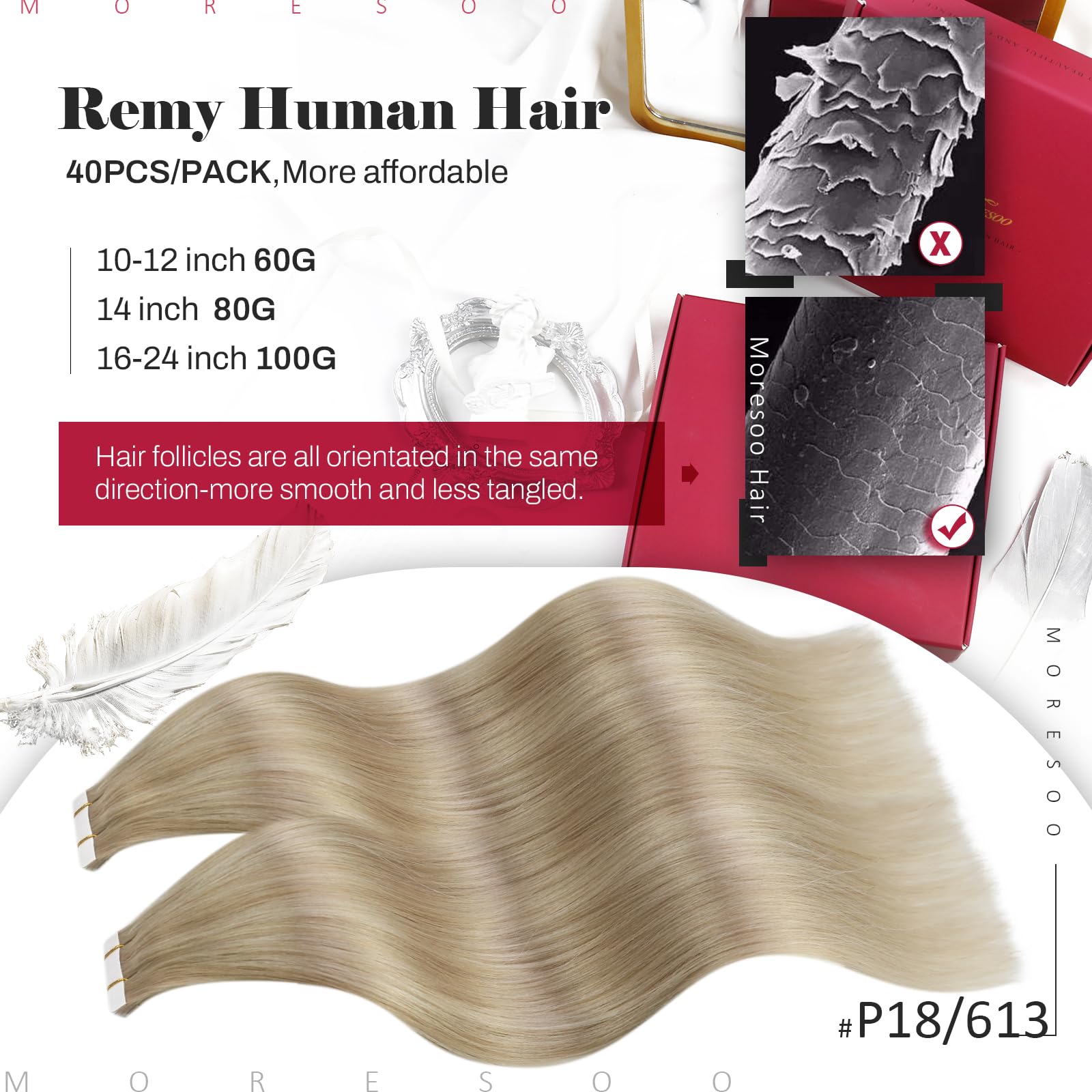 Foto 3 pulgar | Extensiones De Cabello Con Cinta Adhesiva Moresoo Blonde, 12 Pulgadas, 40 Piezas, 60 G, #18 /613 - Venta Internacional.