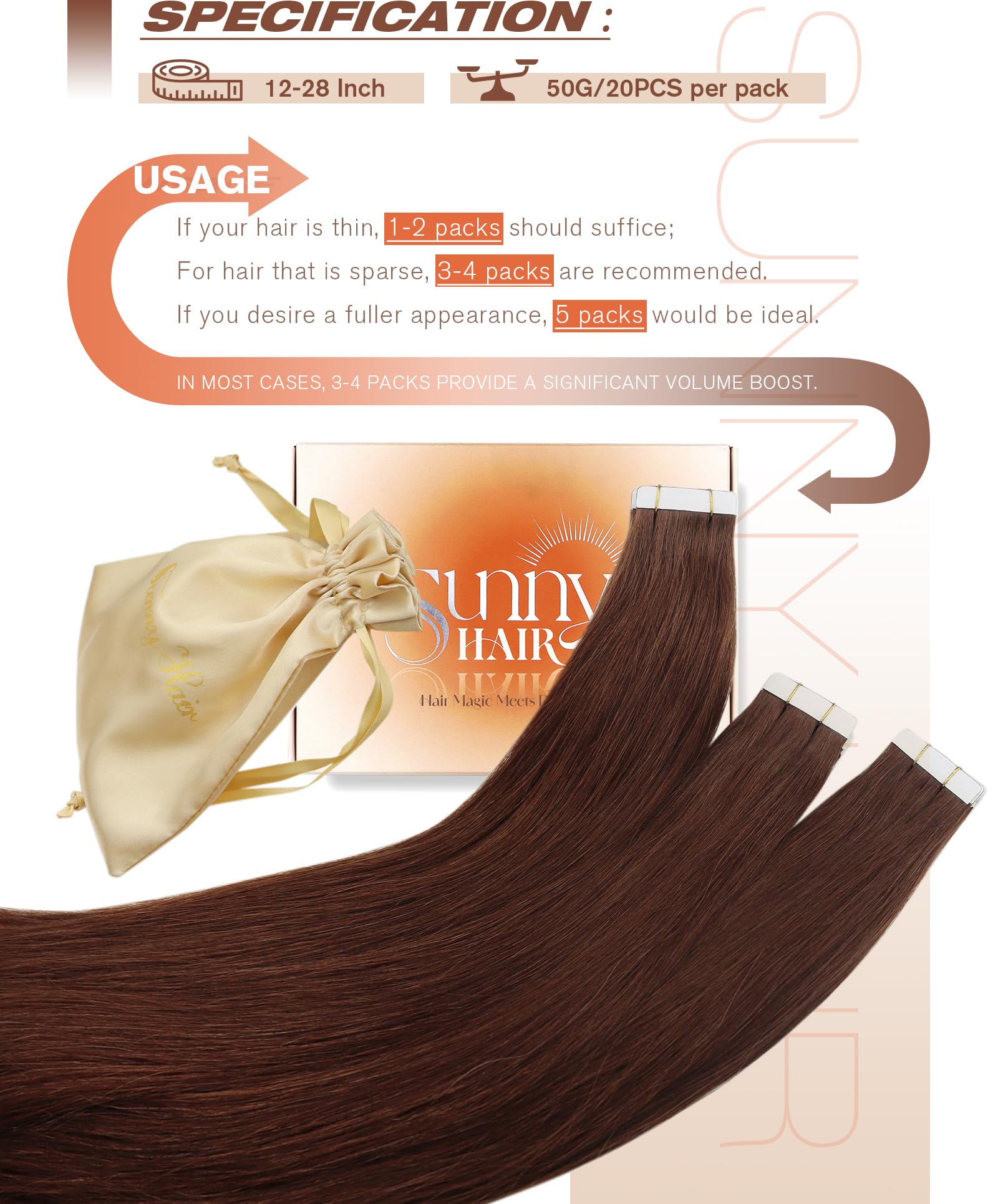 Foto 6 pulgar | Extensiones De Cabello Sunny Hair Tape En Color Castaño, 50 G, 20 Unidades - Venta Internacional.
