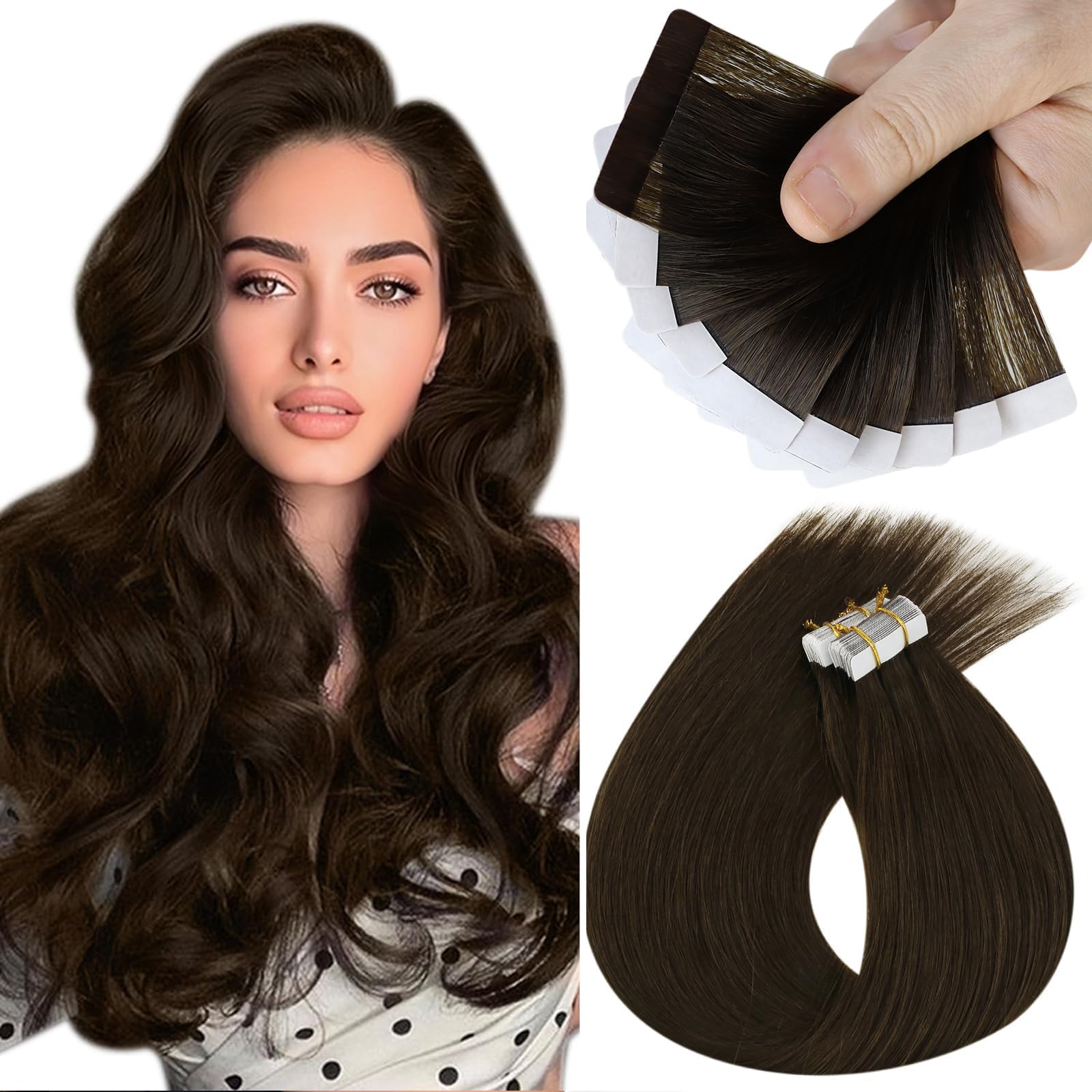 Foto 2 pulgar | Extensiones De Cabello Con Cinta Adhesiva, Cabello Humano Castaño Oscuro - Venta Internacional.