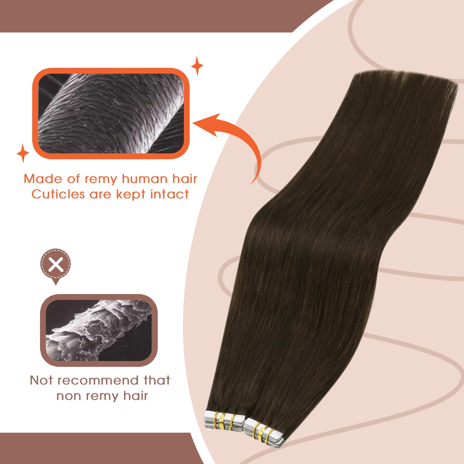 Foto 3 pulgar | Extensiones De Cabello Con Cinta Adhesiva, Cabello Humano Castaño Oscuro - Venta Internacional.