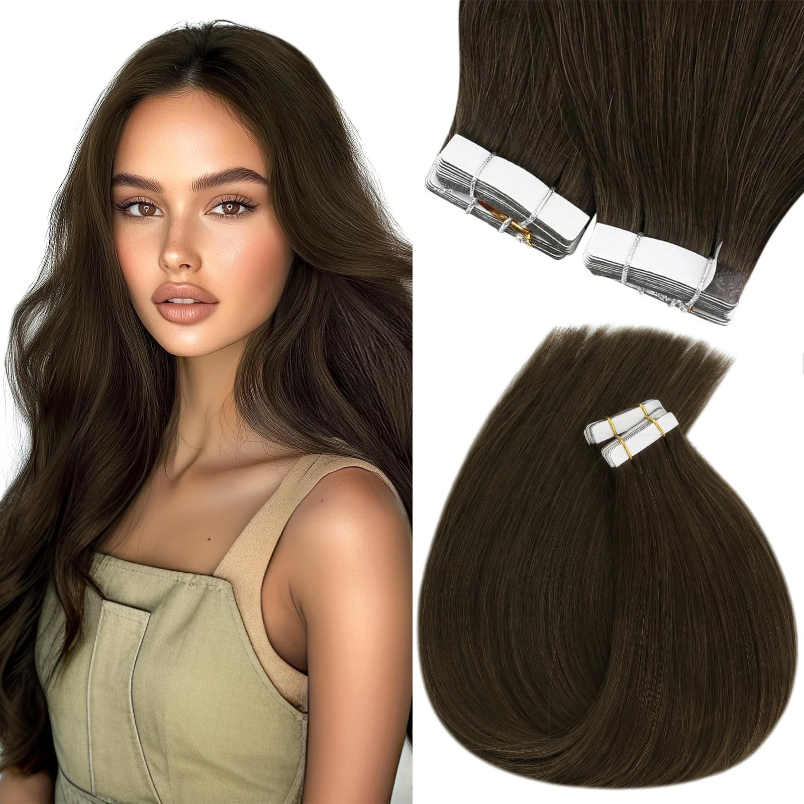 Foto 2 pulgar | Extensiones De Cabello Con Cinta Adhesiva, Cabello Humano Castaño Oscuro - Venta Internacional.