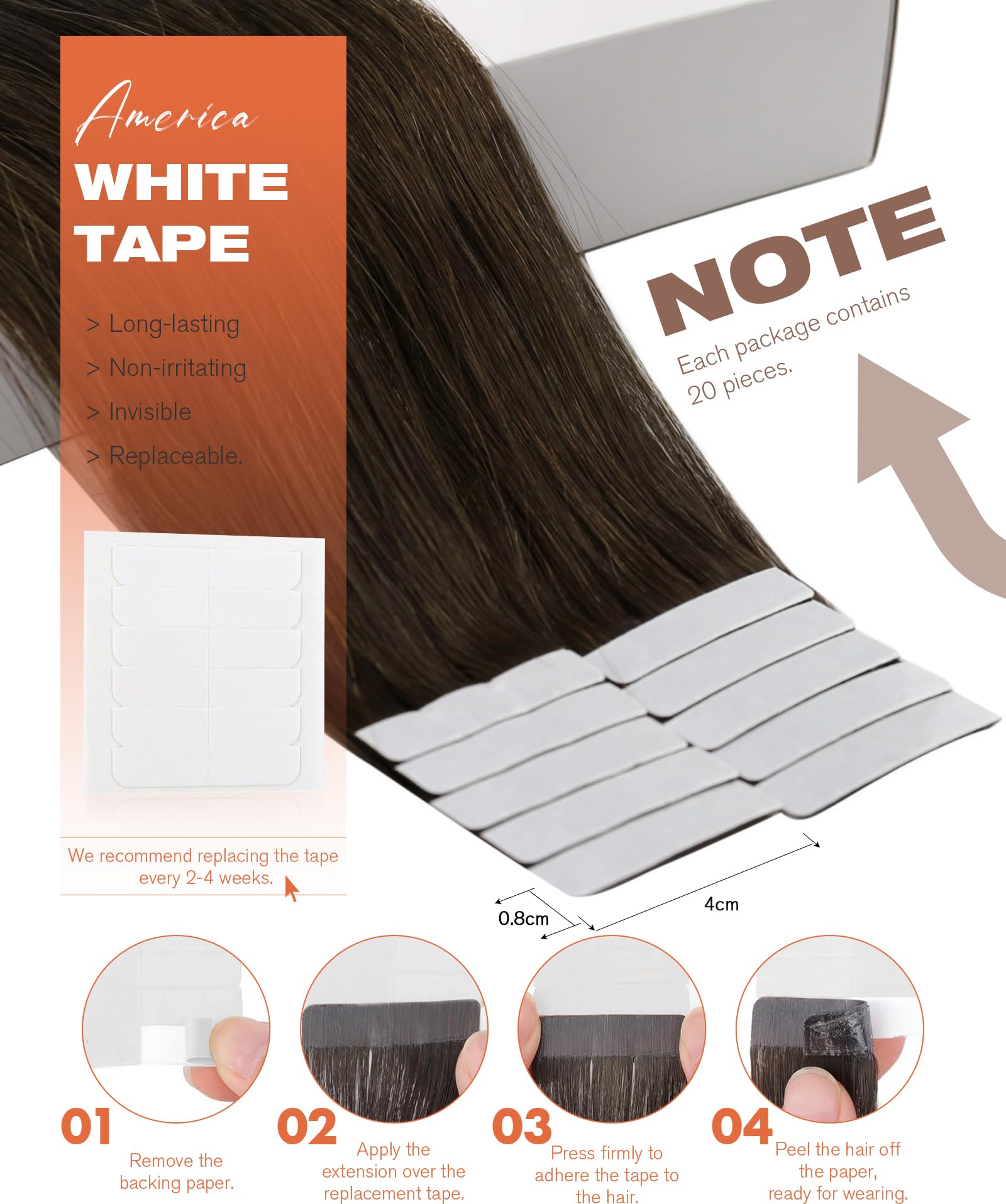 Foto 4 pulgar | Extensiones De Cabello Con Cinta Adhesiva, Cabello Humano Castaño Oscuro - Venta Internacional.