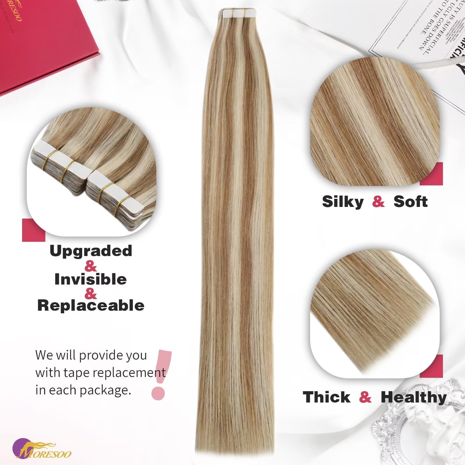 Foto 3 pulgar | Extensiones De Cabello Humano Rubio Moresoo Con Cinta Adhesiva, 16 Pulgadas - Venta Internacional.