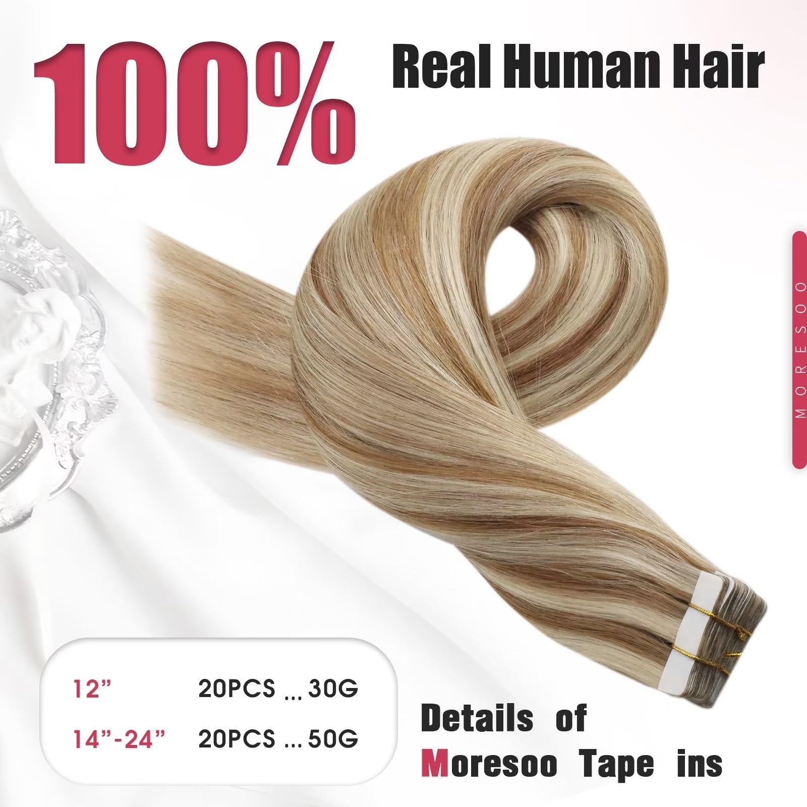 Foto 5 pulgar | Extensiones De Cabello Humano Rubio Moresoo Con Cinta Adhesiva, 16 Pulgadas - Venta Internacional.