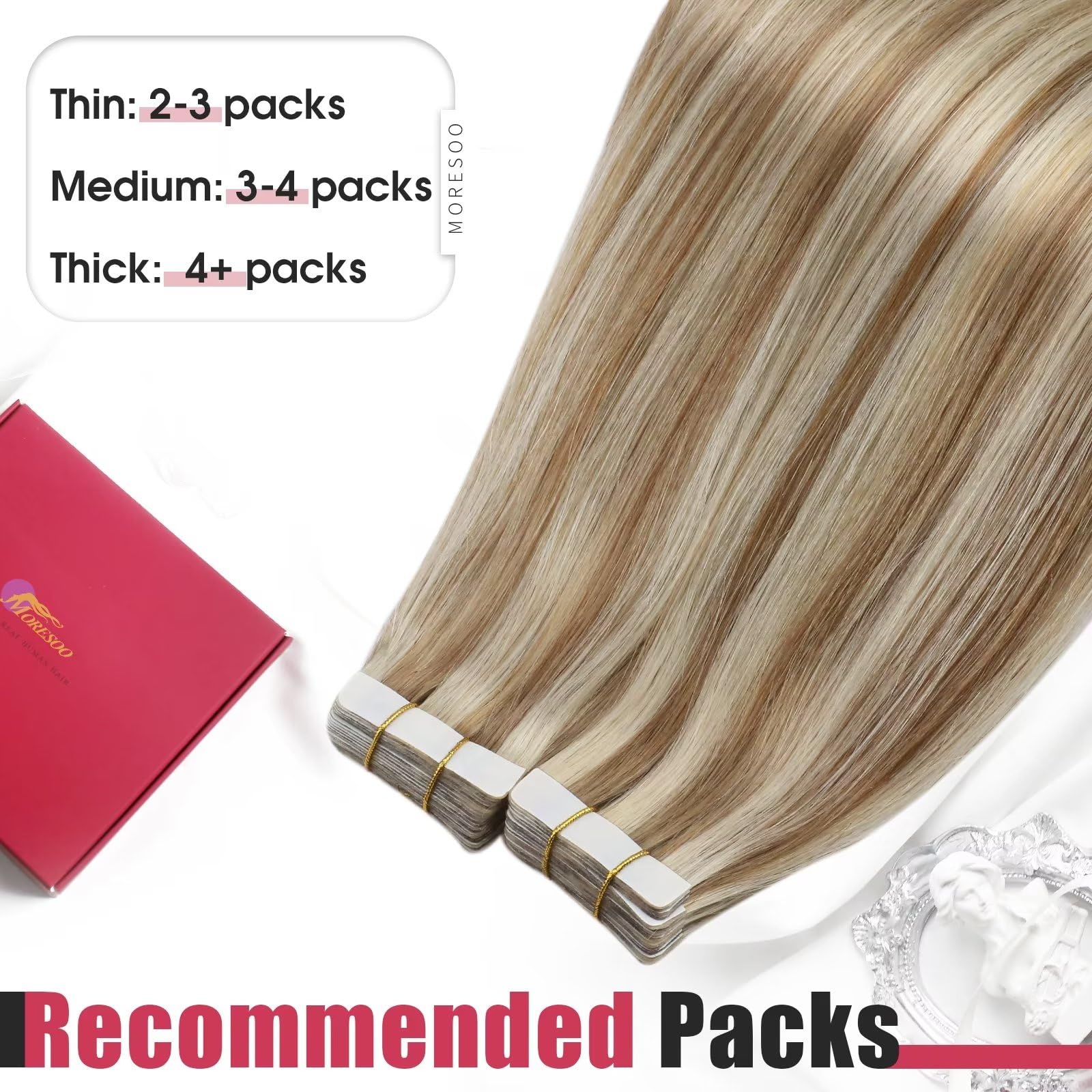 Foto 8 pulgar | Extensiones De Cabello Humano Rubio Moresoo Con Cinta Adhesiva, 16 Pulgadas - Venta Internacional.
