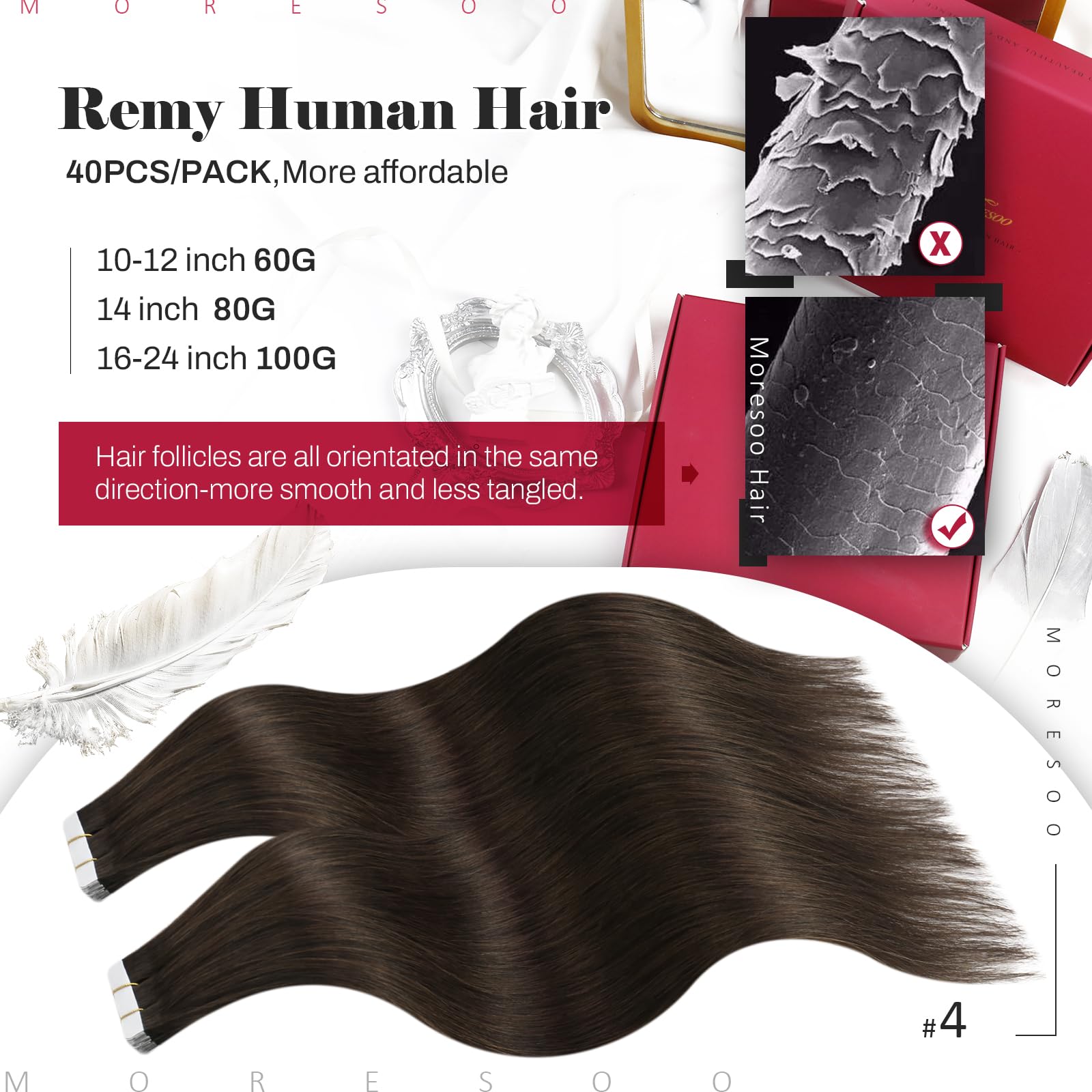 Foto 3 pulgar | Extensiones De Cabello Humano Castaño Moresoo, 40 Unidades, 60 G - Venta Internacional.