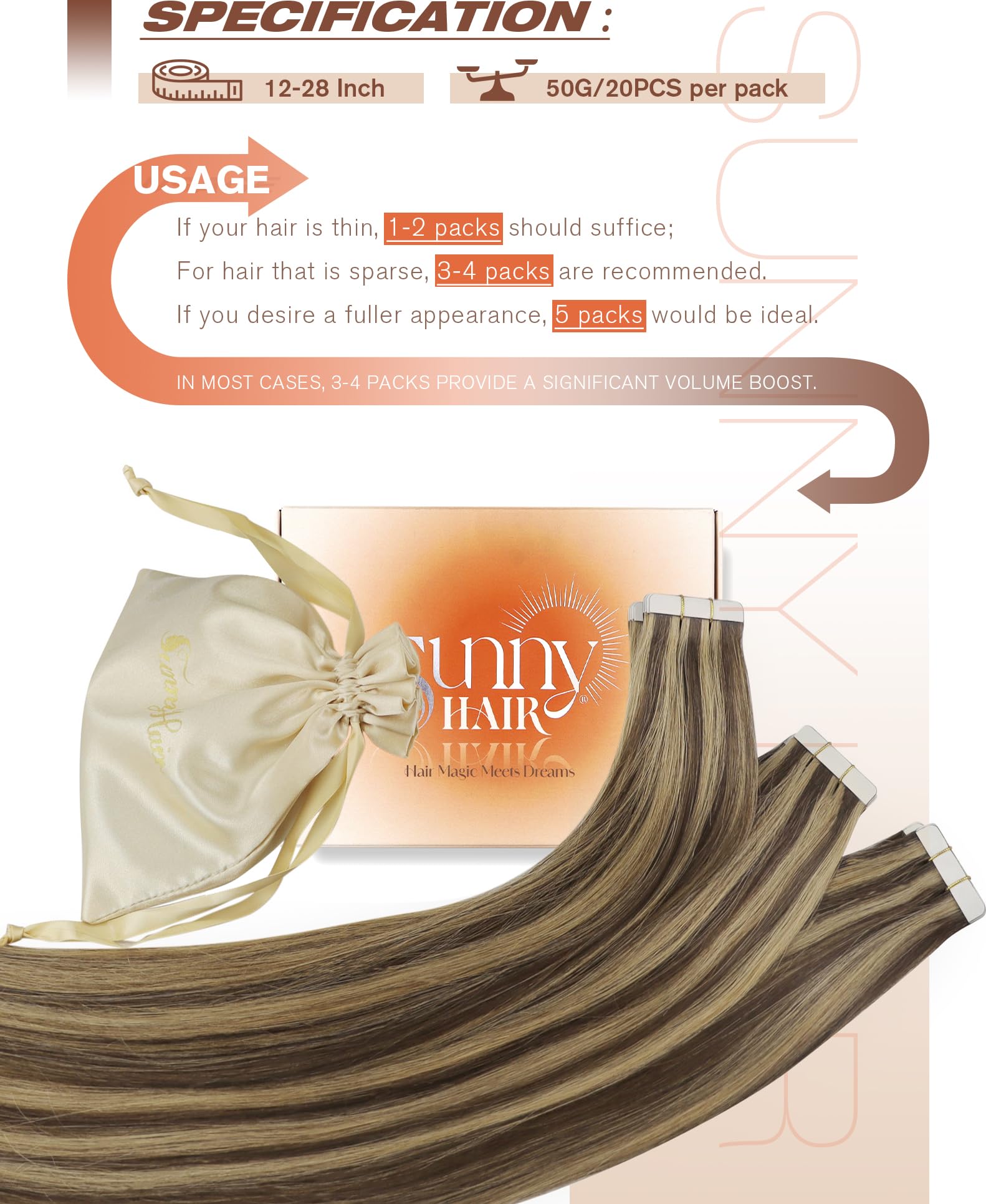 Foto 3 pulgar | Extensiones De Cabello Sunny Hair Tape En Cabello Humano, 50 G, 20 Unidades - Venta Internacional.