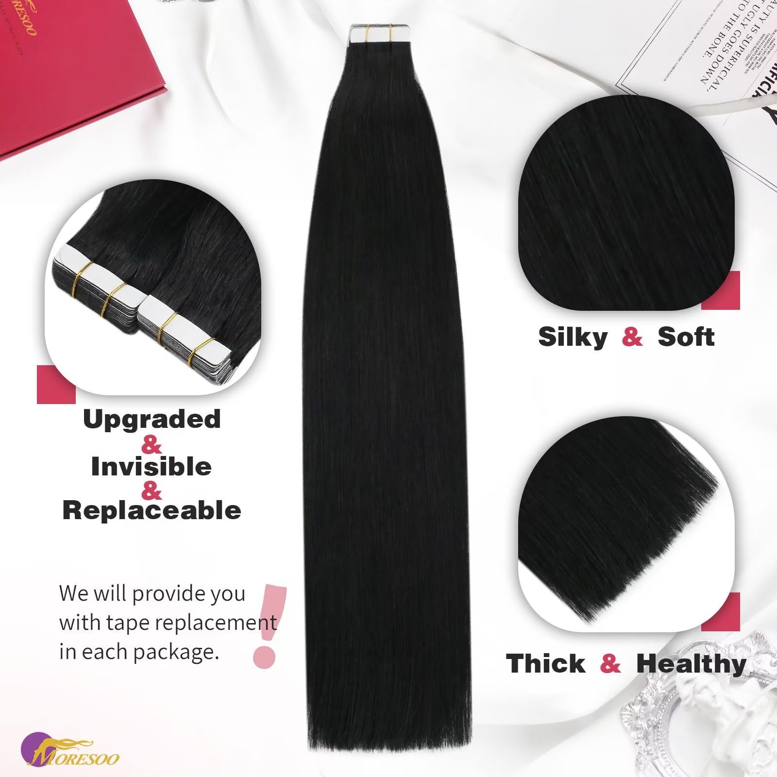 Foto 3 pulgar | Extensiones De Cabello Humano Negro Azabache Moresoo, 55 Cm - Venta Internacional.