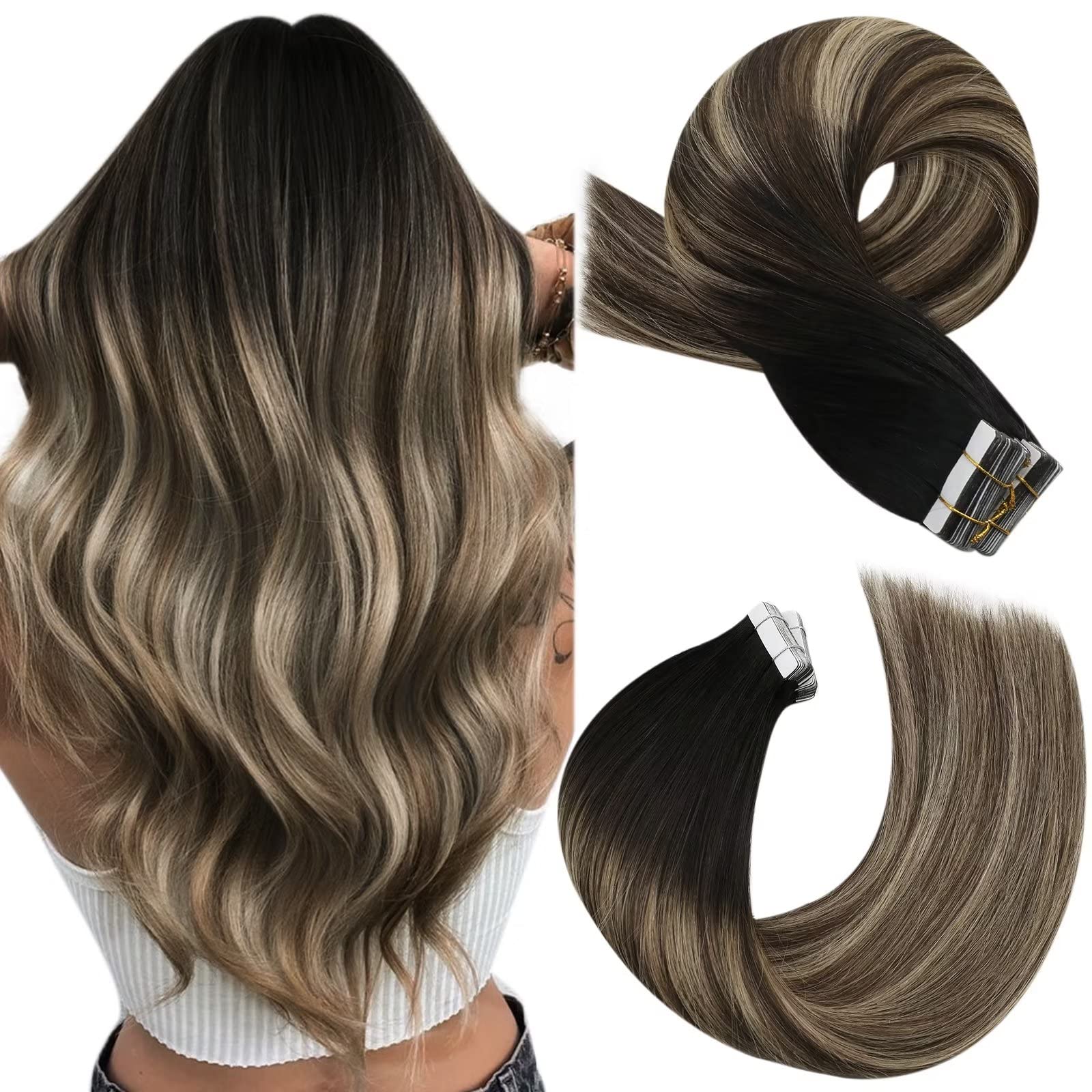Foto 1 | Extensiones De Cabello Humano Moresoo Con Cinta Adhesiva, 60 Cm, #1b /3/27, 20 Unidades - Venta Internacional.
