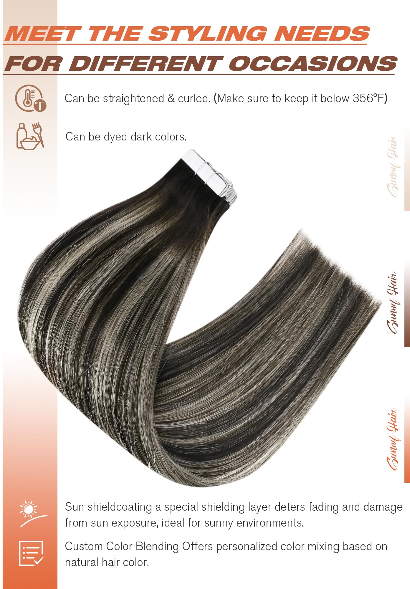 Foto 5 pulgar | Extensiones De Cabello Con Cinta Adhesiva Sunny Hair, Cabello Humano Negro, 16 Pulgadas - Venta Internacional.