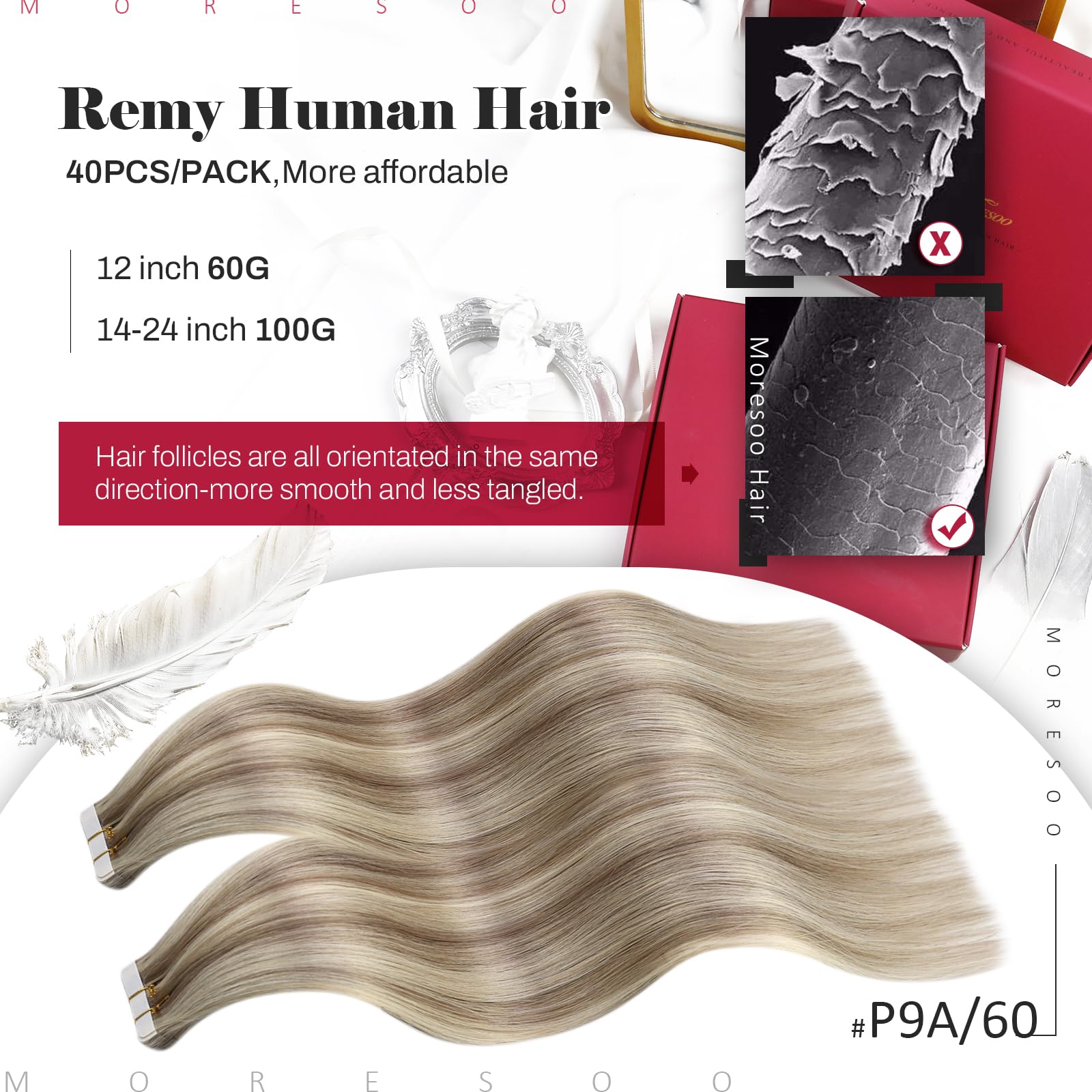 Foto 3 pulgar | Extensiones De Cabello Humano Moresoo Con Cinta Adhesiva, 35 Cm, Color Marrón Claro - Venta Internacional.