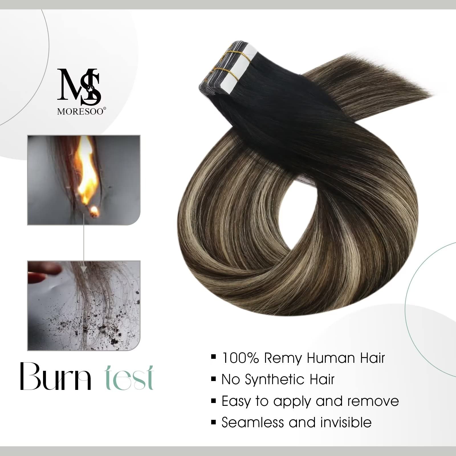Foto 2 | Extensiones De Cabello Humano Moresoo Balayage Con Cinta Adhesiva, 45 Cm - Venta Internacional.