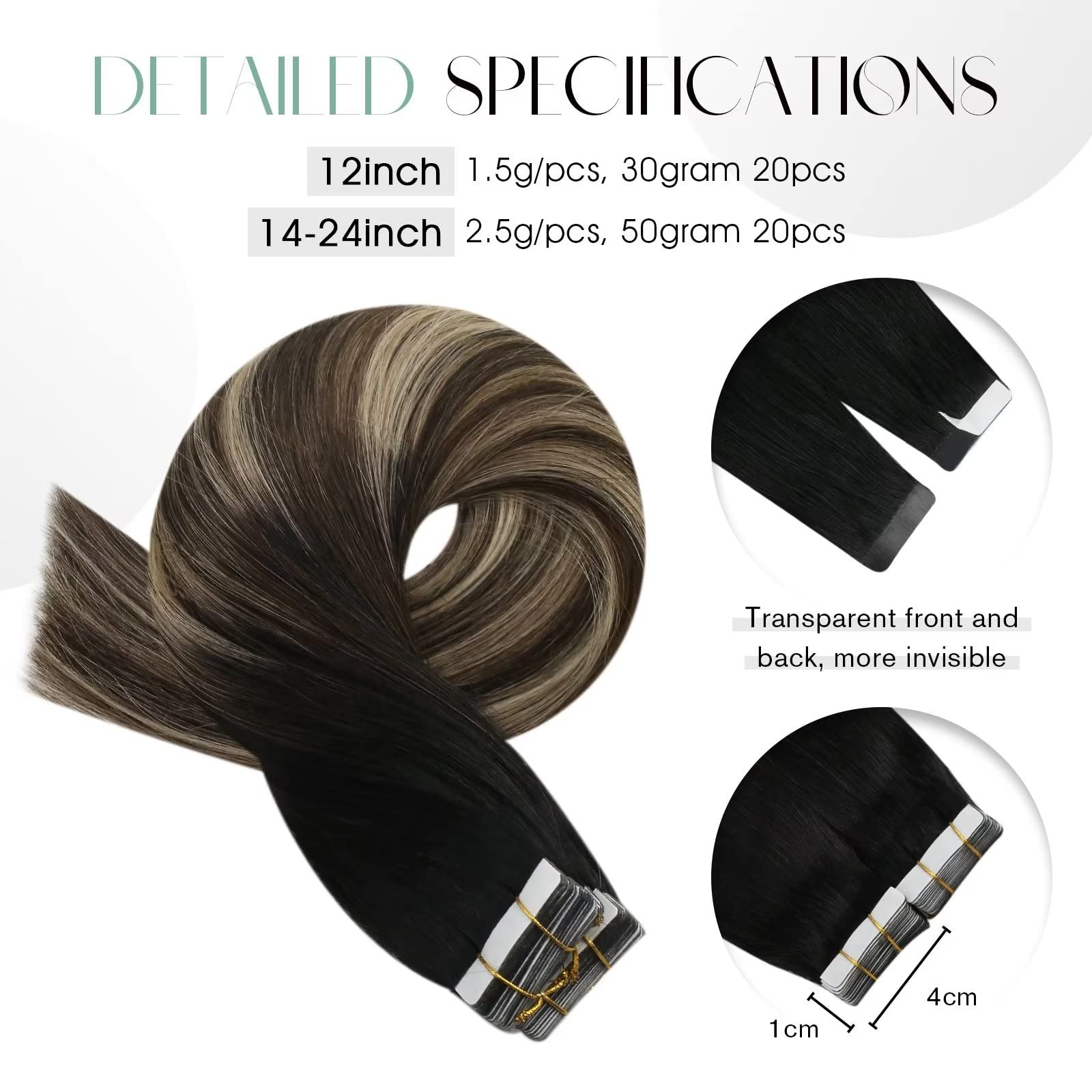Foto 4 | Extensiones De Cabello Humano Moresoo Balayage Con Cinta Adhesiva, 45 Cm - Venta Internacional.