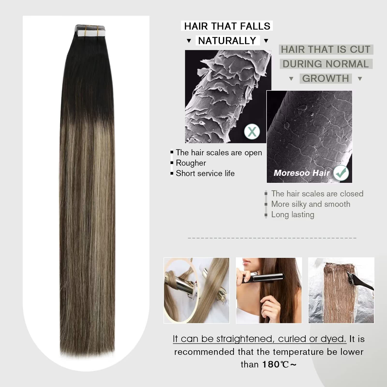 Foto 5 | Extensiones De Cabello Humano Moresoo Balayage Con Cinta Adhesiva, 45 Cm - Venta Internacional.