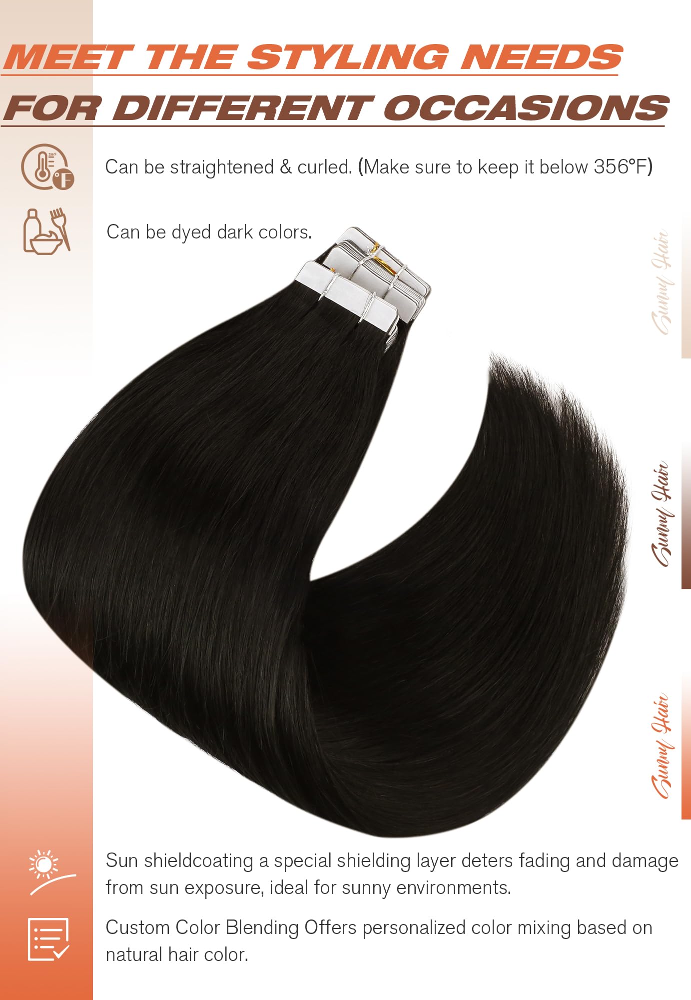 Foto 5 pulgar | Extensiones De Cabello Humano Con Cinta Adhesiva Sunny Hair Black, 50 G, 20 Pulgadas - Venta Internacional.