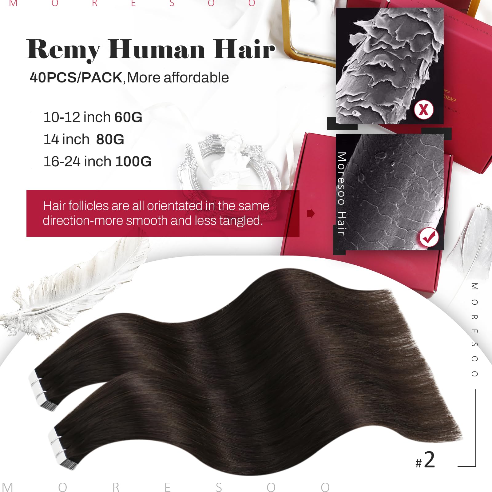 Foto 2 | Extensiones De Pelo Con Cinta Adhesiva Moresoo Brown, 40 Unidades, 80 G, 35 Cm De Largo - Venta Internacional.