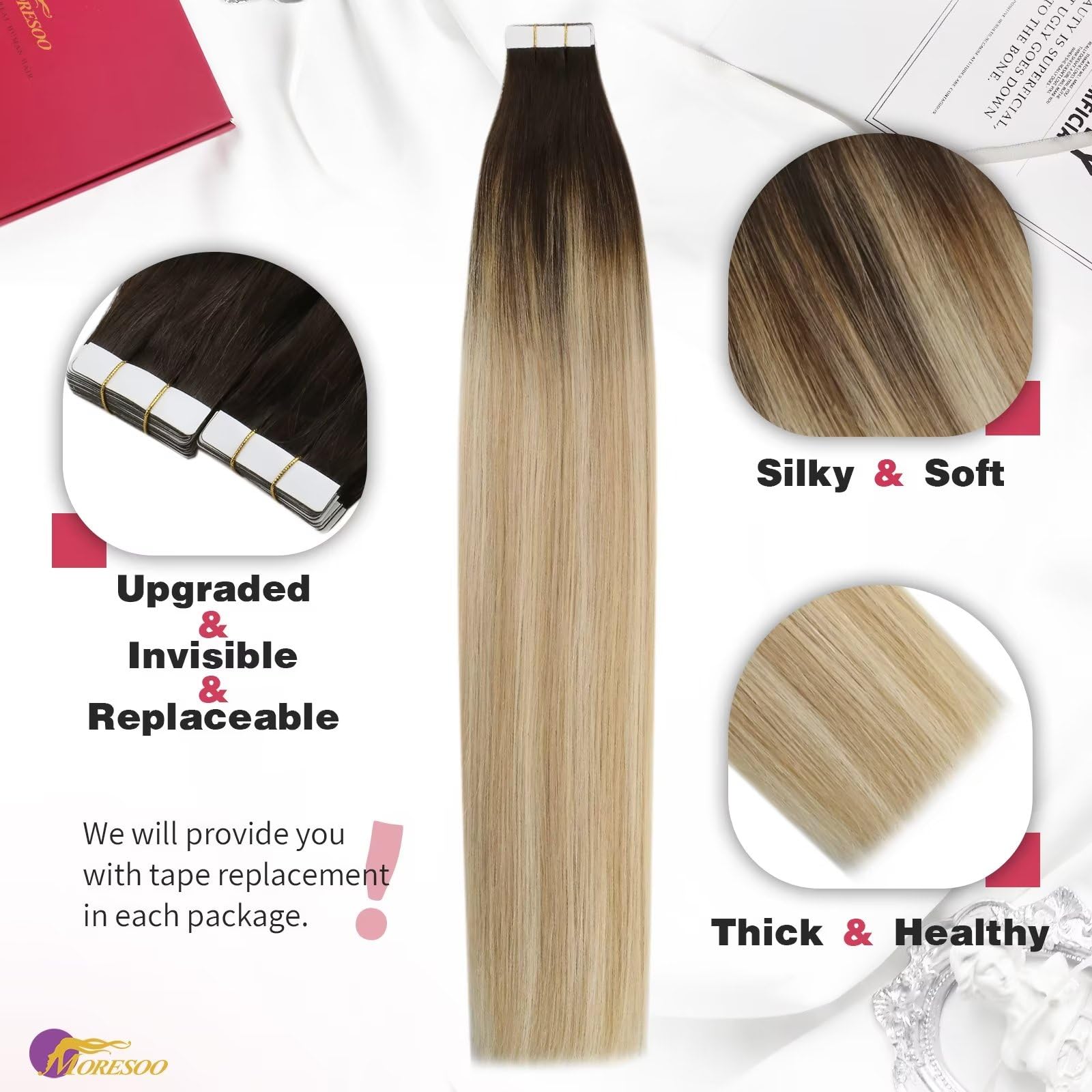 Foto 3 pulgar | Extensiones De Cabello Con Cinta Adhesiva Moresoo Balayage De Marrón A Caramelo - Venta Internacional.