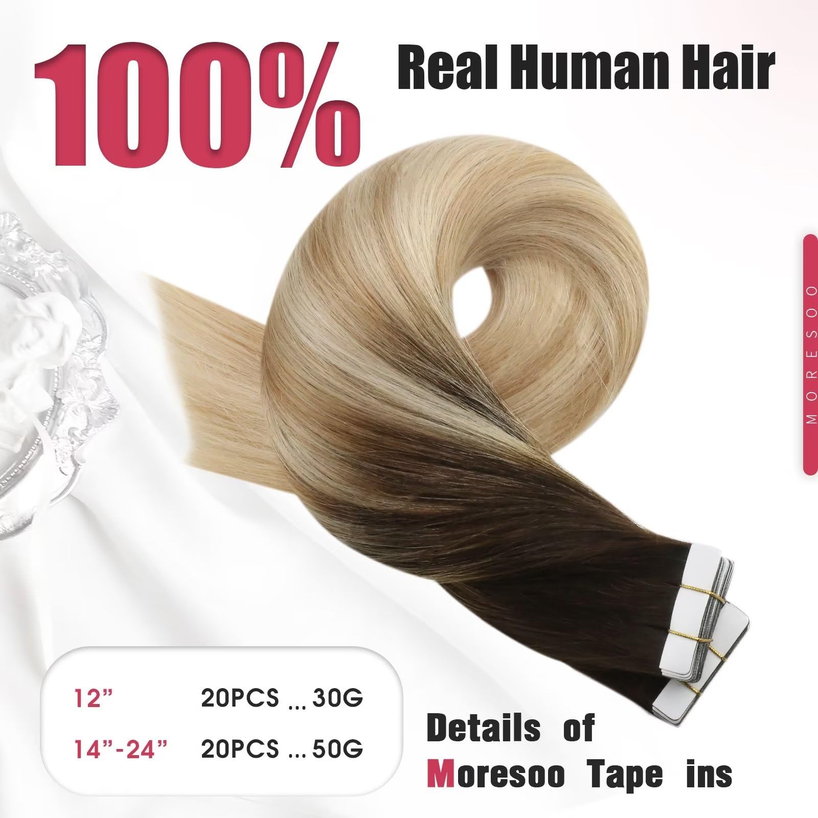 Foto 5 pulgar | Extensiones De Cabello Con Cinta Adhesiva Moresoo Balayage De Marrón A Caramelo - Venta Internacional.