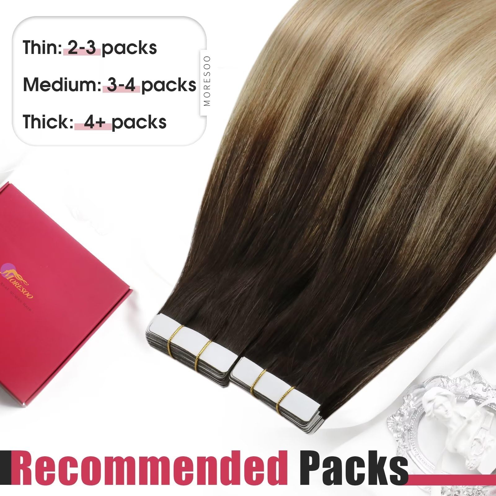 Foto 8 pulgar | Extensiones De Cabello Con Cinta Adhesiva Moresoo Balayage De Marrón A Caramelo - Venta Internacional.