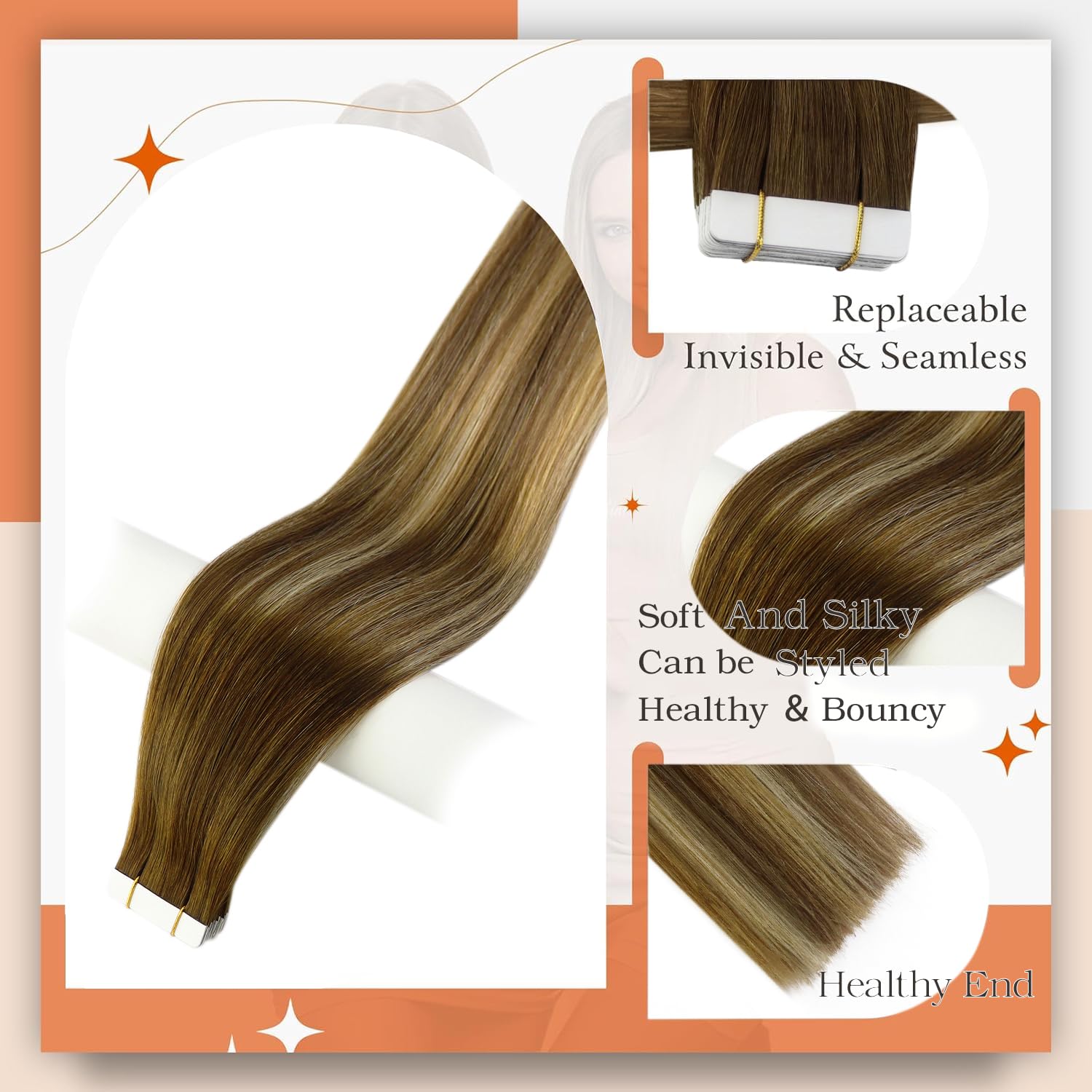 Foto 3 pulgar | Extensiones De Cabello Full Shine Tape En Color Marrón/rubio, 50 G, 22 Cm - Venta Internacional.