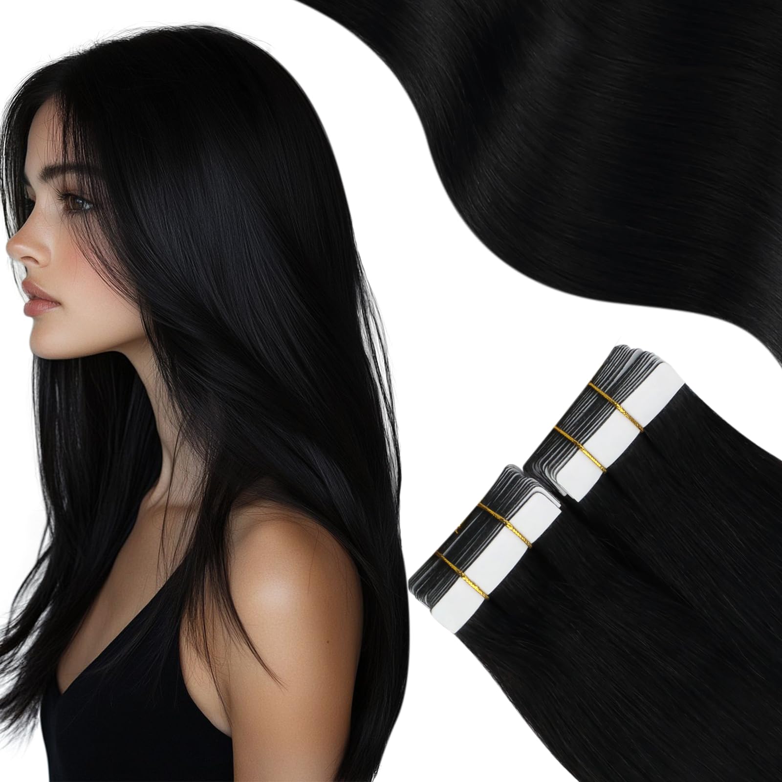 Foto 2 pulgar | Extensiones De Pelo Con Cinta Adhesiva Moresoo, 40 Cm, 20 Unidades, 50 G, Color Negro Azabache - Venta Internacional.