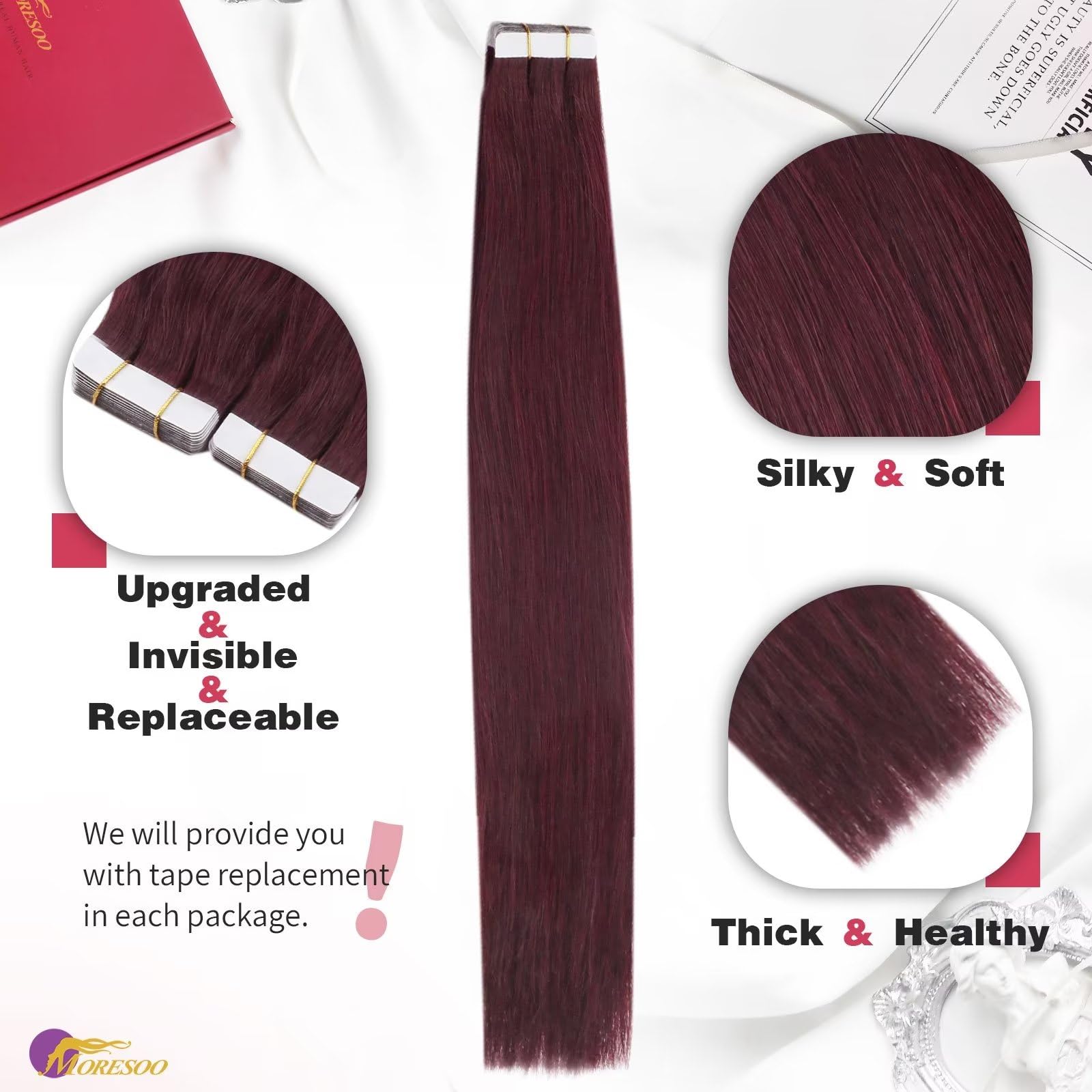 Foto 3 pulgar | Extensiones De Pelo Con Cinta Adhesiva Moresoo Burgundy Wine Red, 50 G, 20 Cm - Venta Internacional.