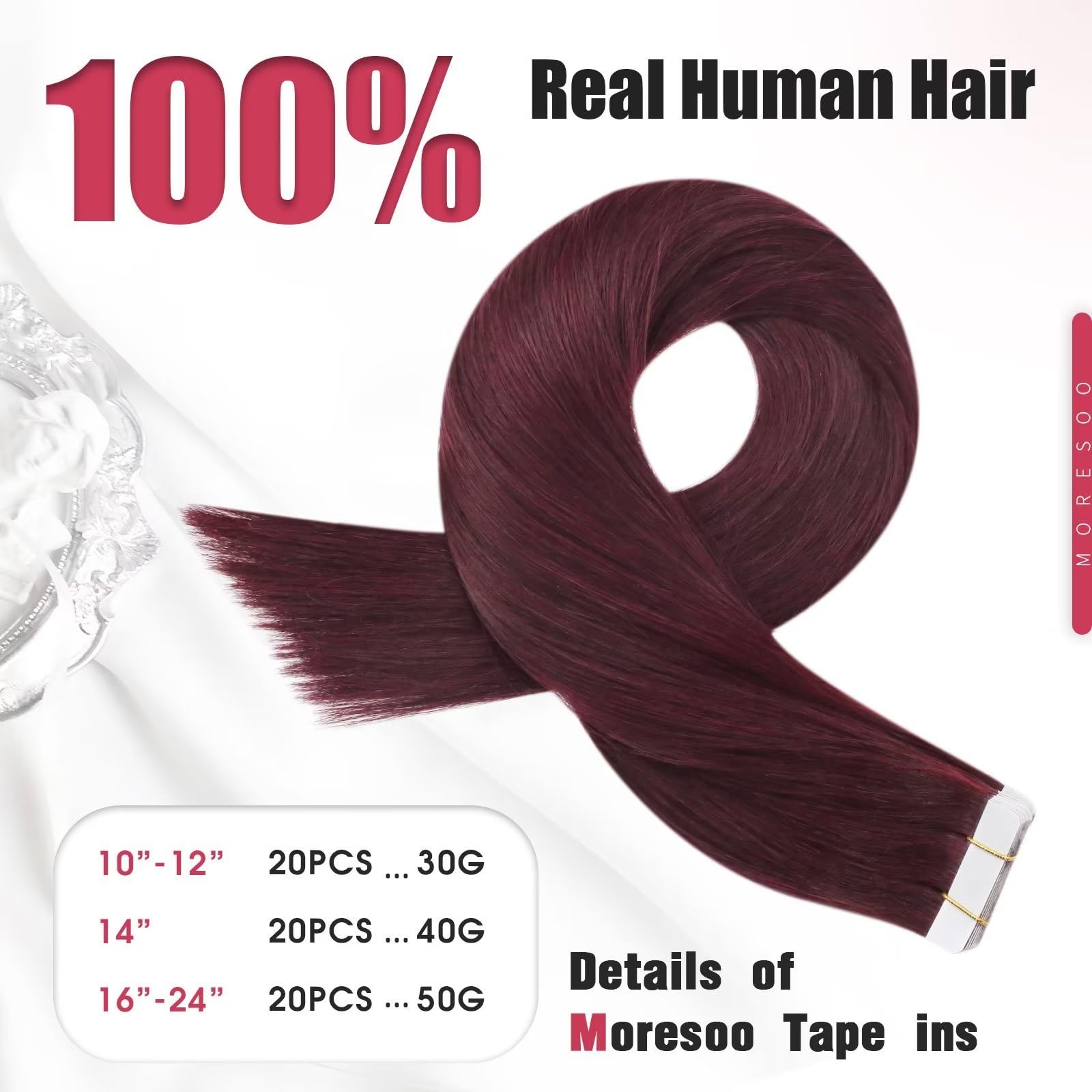 Foto 5 pulgar | Extensiones De Pelo Con Cinta Adhesiva Moresoo Burgundy Wine Red, 50 G, 20 Cm - Venta Internacional.