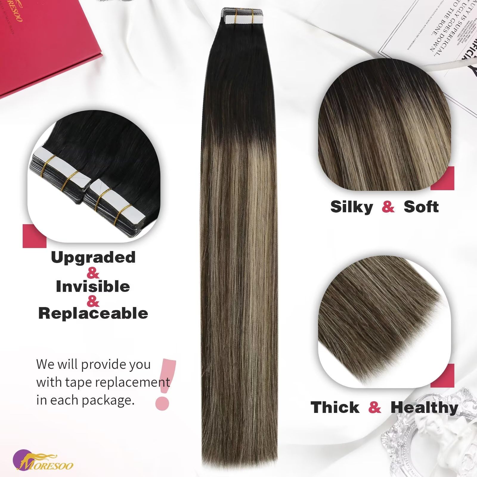 Foto 3 pulgar | Extensiones De Pelo Moresoo Balayage Con Cinta Adhesiva, De Color Negro A Marrón, 40 Cm - Venta Internacional.