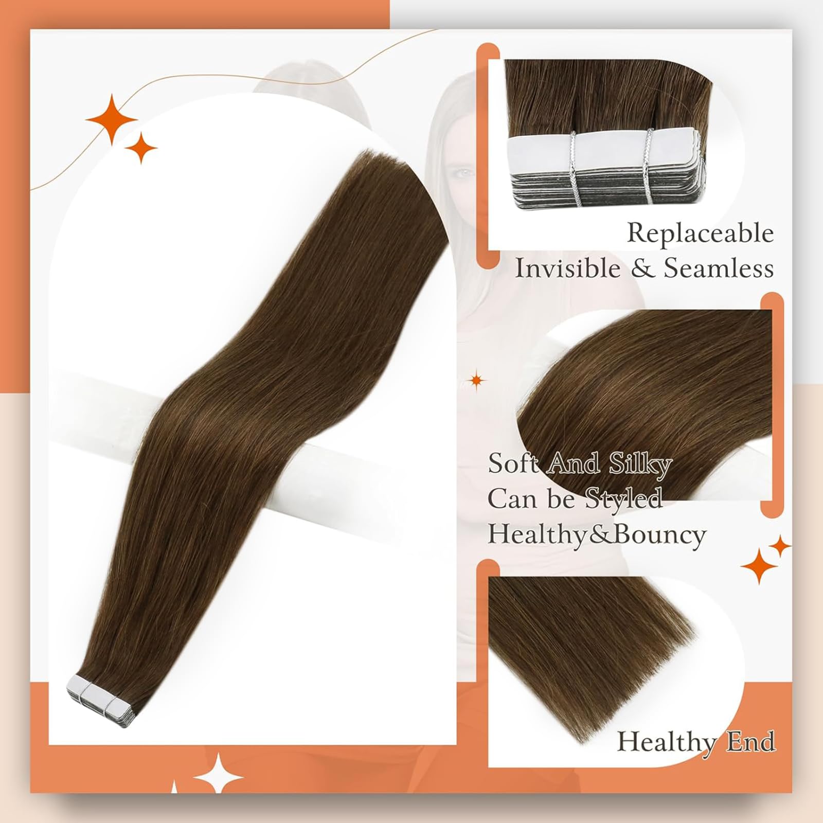 Foto 3 pulgar | Extensiones De Pelo Con Cinta Adhesiva Full Shine, 24 Cm, 50 G, Color 4, Marrón - Venta Internacional.
