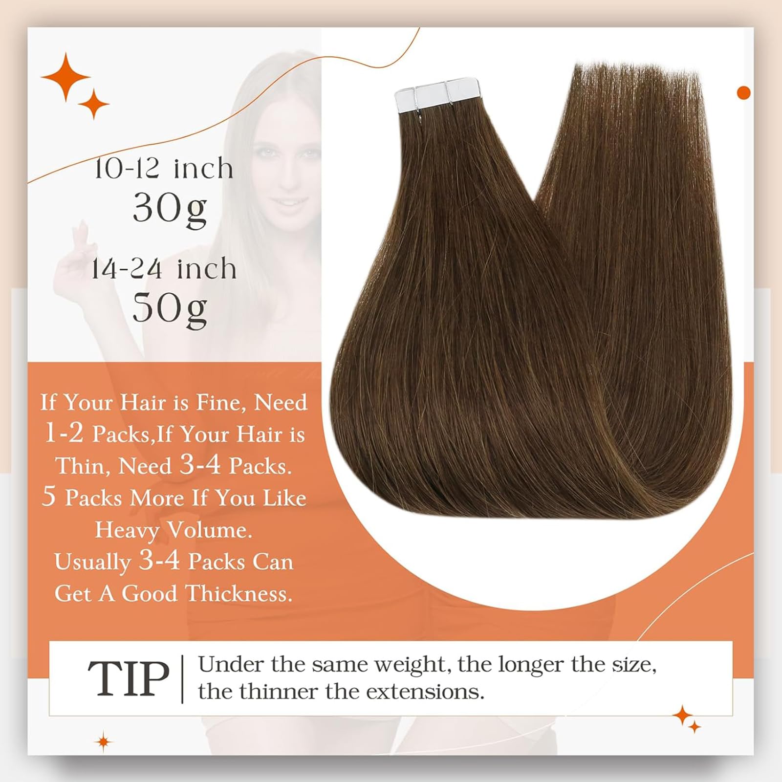 Foto 4 pulgar | Extensiones De Pelo Con Cinta Adhesiva Full Shine, 24 Cm, 50 G, Color 4, Marrón - Venta Internacional.