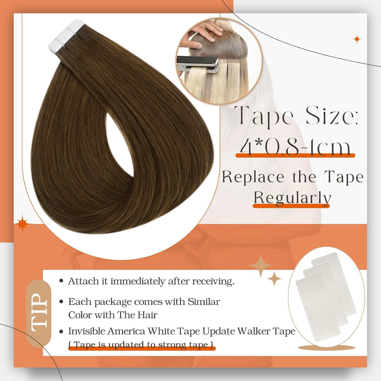 Foto 5 pulgar | Extensiones De Pelo Con Cinta Adhesiva Full Shine, 24 Cm, 50 G, Color 4, Marrón - Venta Internacional.