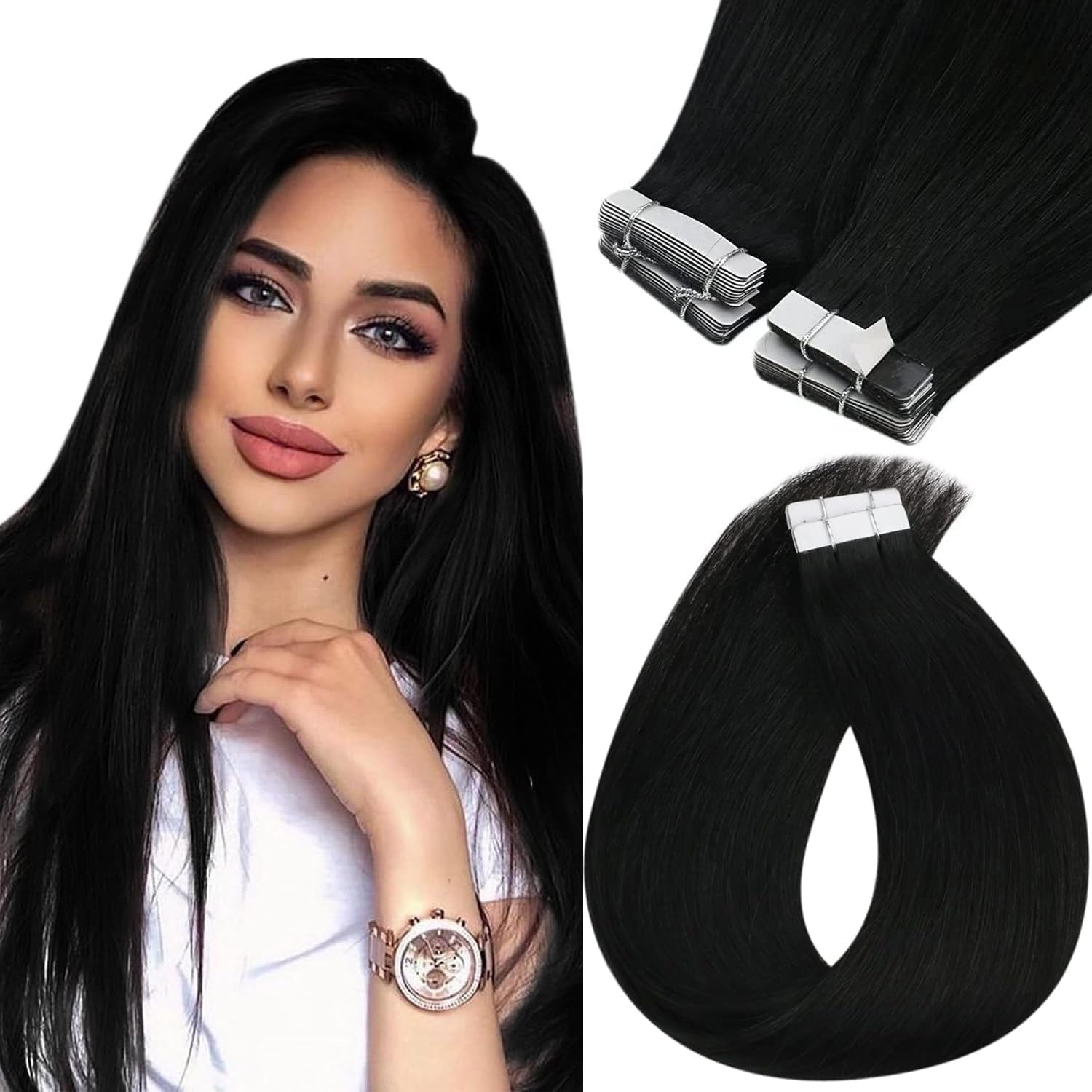 Foto 2 pulgar | Extensiones De Cabello Sunny Hair Tape En Cabello Humano, 45 Cm, Color Negro Azabache - Venta Internacional.