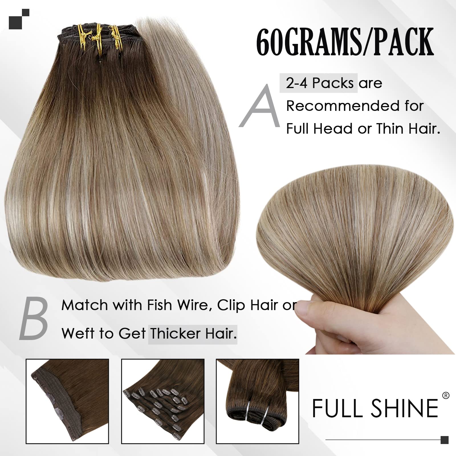 Foto 5 pulgar | Extensiones De Pelo Con Clip Full Shine, 40 Cm, Marrón Degradado, Marrón Ceniza - Venta Internacional.
