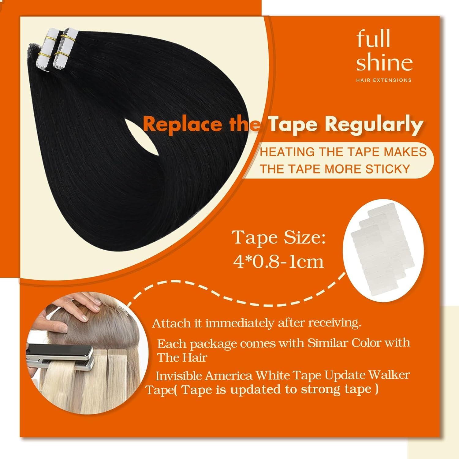 Foto 5 pulgar | Extensiones De Cabello Full Shine Tape En Cabello Humano, 45 Cm, Color Negro Azabache - Venta Internacional.