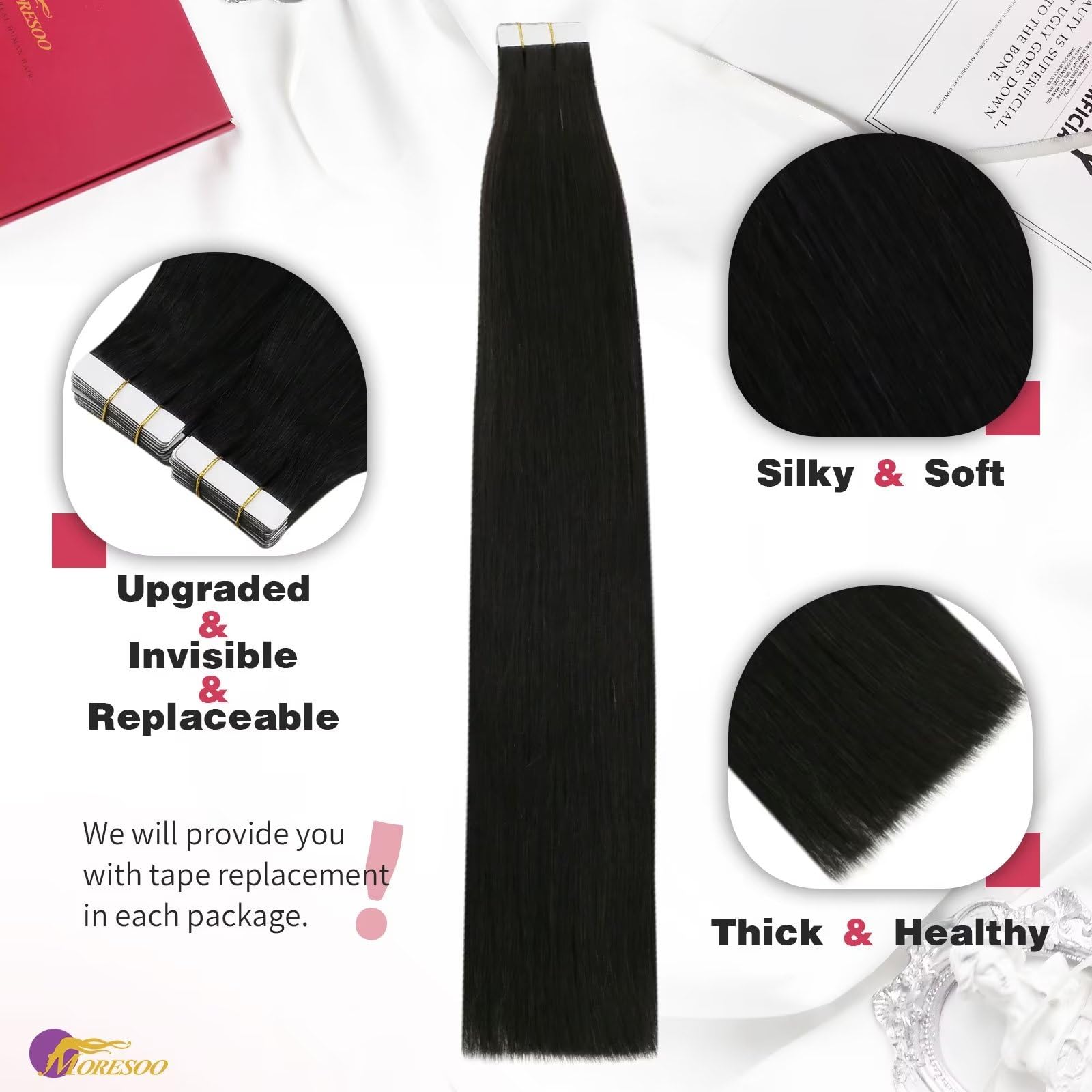 Foto 3 pulgar | Extensiones De Cabello Humano Negro Moresoo Con Cinta Adhesiva, 60 Cm, 50 G - Venta Internacional.
