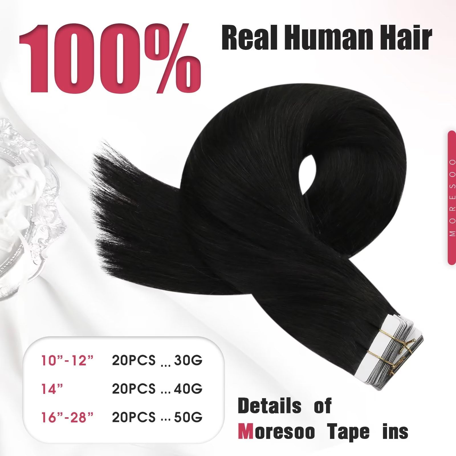 Foto 5 pulgar | Extensiones De Cabello Humano Negro Moresoo Con Cinta Adhesiva, 60 Cm, 50 G - Venta Internacional.