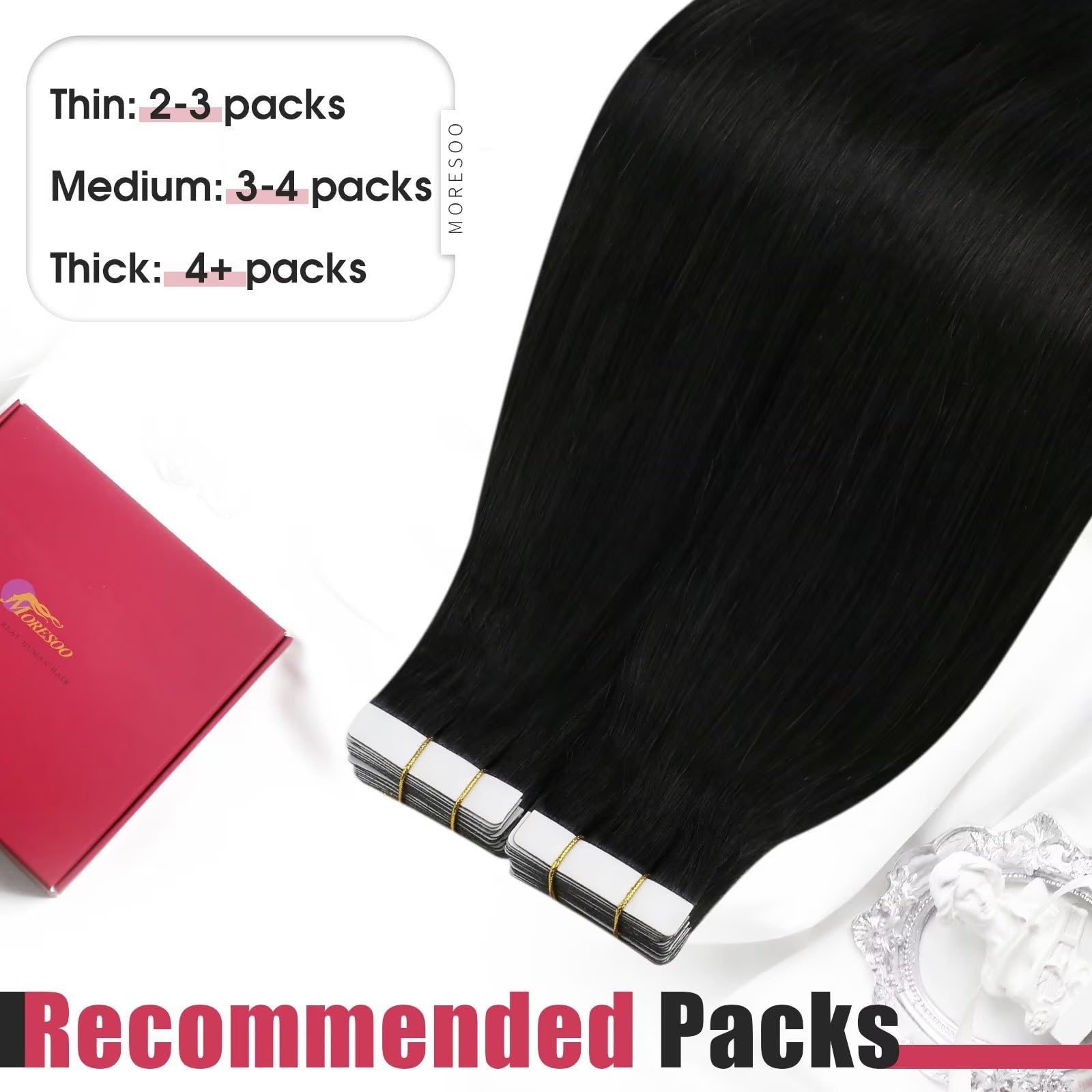 Foto 7 | Extensiones De Cabello Humano Negro Moresoo Con Cinta Adhesiva, 60 Cm, 50 G - Venta Internacional.