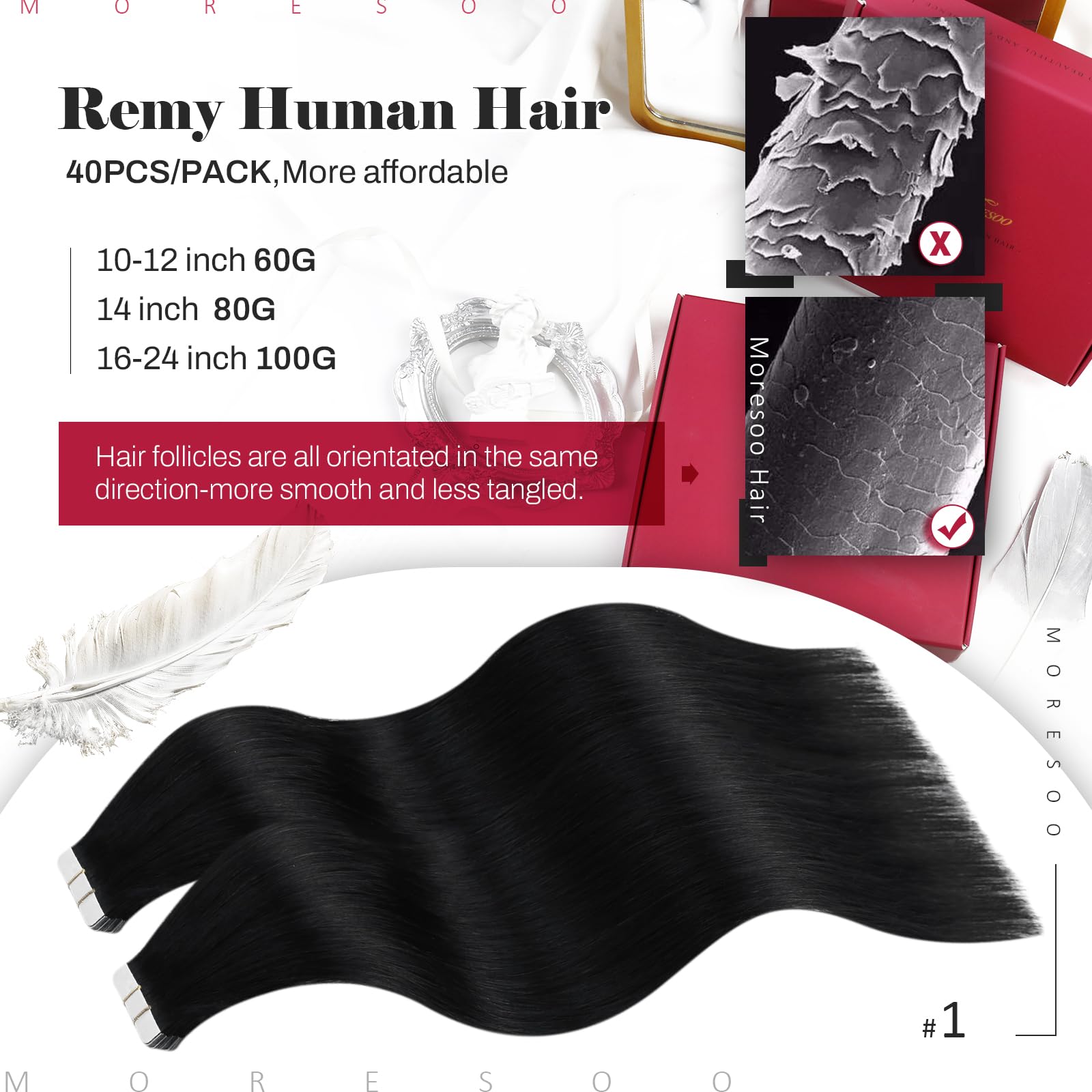 Foto 3 pulgar | Extensiones De Cabello Humano Negro Moresoo Con Cinta Adhesiva, 14 Pulgadas, 40 Unidades - Venta Internacional.