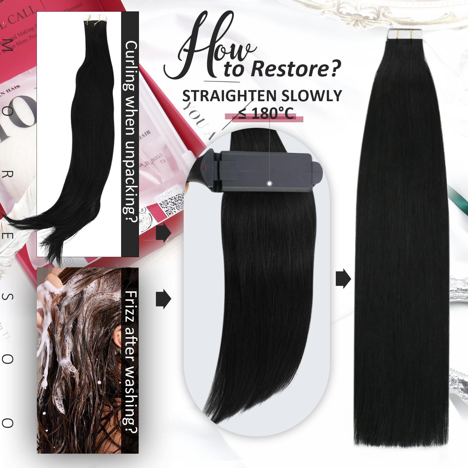 Foto 6 pulgar | Extensiones De Cabello Humano Negro Moresoo Con Cinta Adhesiva, 14 Pulgadas, 40 Unidades - Venta Internacional.