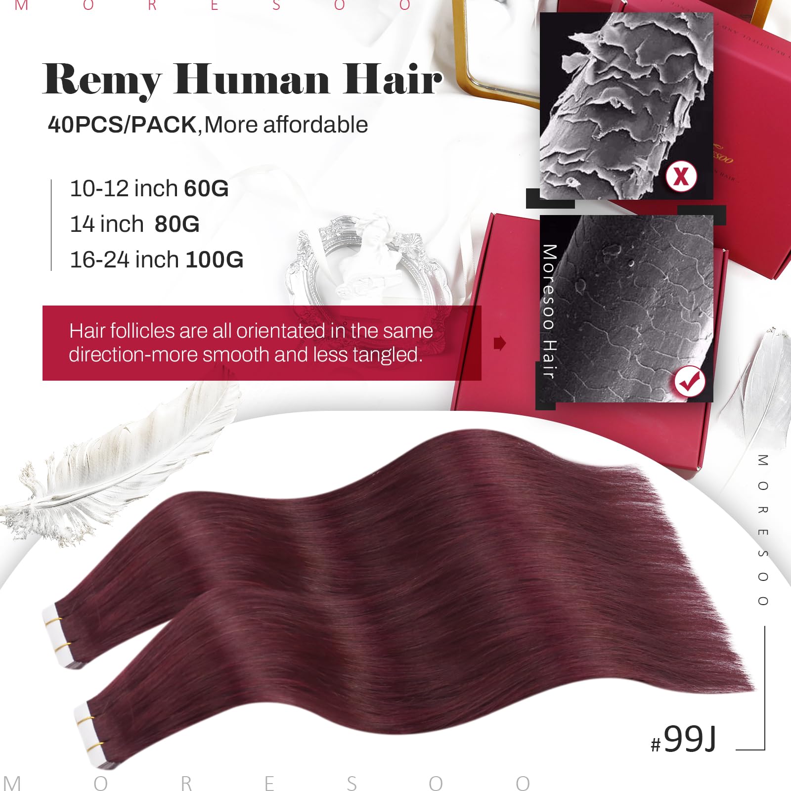 Foto 3 pulgar | Extensiones De Cabello Con Cinta Adhesiva Moresoo Burgundy, 40 Unidades, 100 G, 99 J - Venta Internacional.