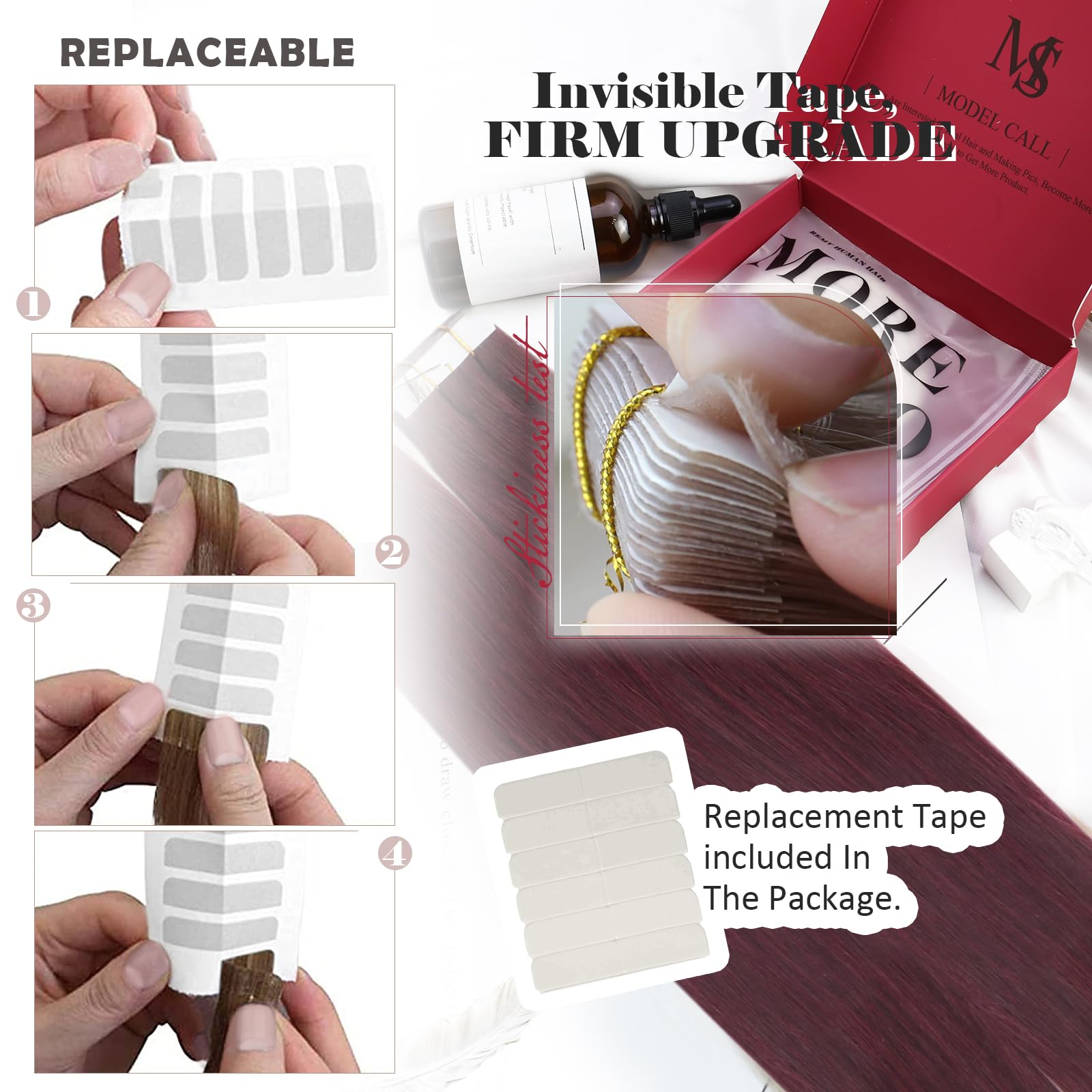 Foto 5 pulgar | Extensiones De Cabello Con Cinta Adhesiva Moresoo Burgundy, 40 Unidades, 100 G, 99 J - Venta Internacional.