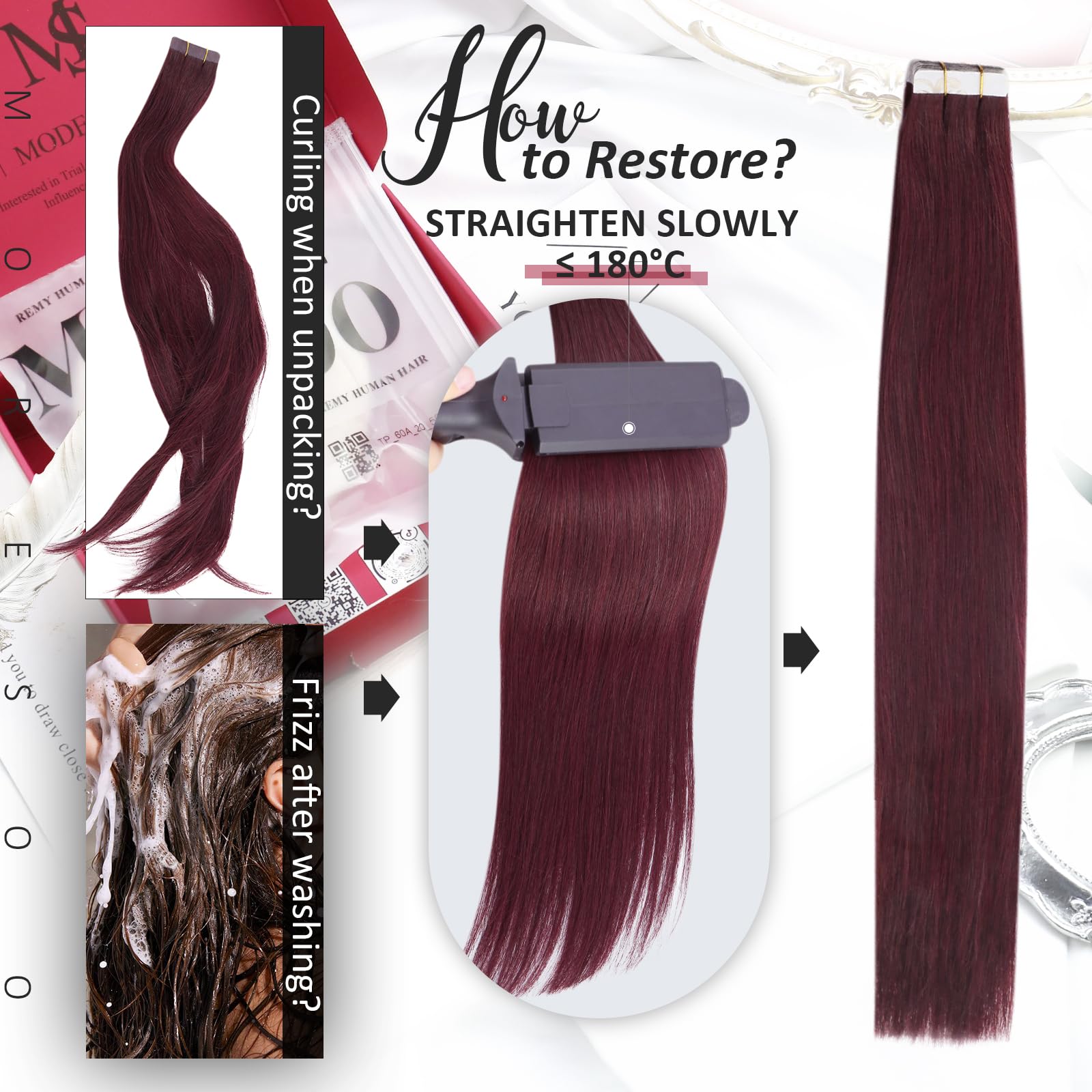 Foto 6 pulgar | Extensiones De Cabello Con Cinta Adhesiva Moresoo Burgundy, 40 Unidades, 100 G, 99 J - Venta Internacional.